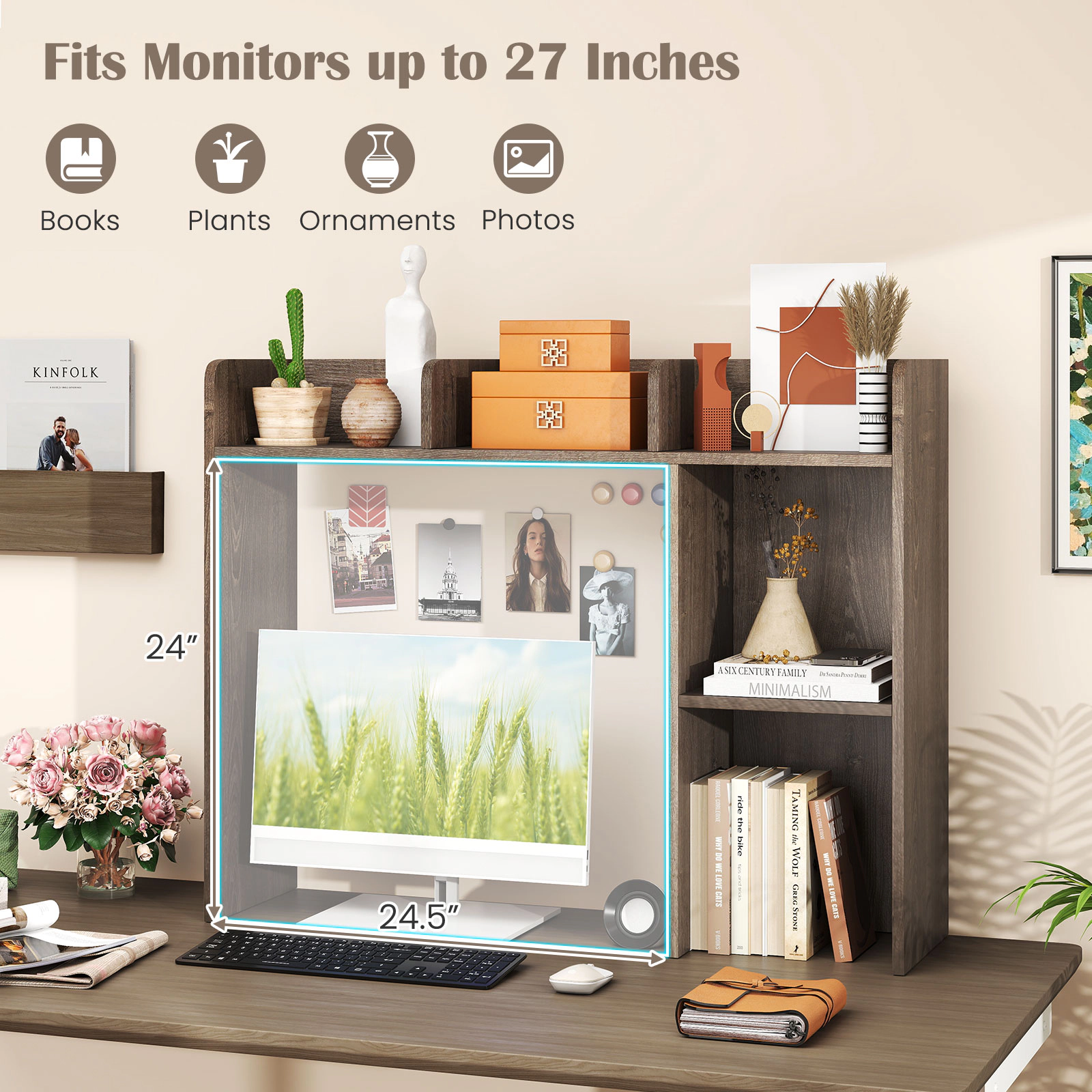 SUGIFT 3-Tier Oak Desktop Bookshelf Multipurpose Desk Shelf with 4 Compartments and Anti-Toppling Anchors