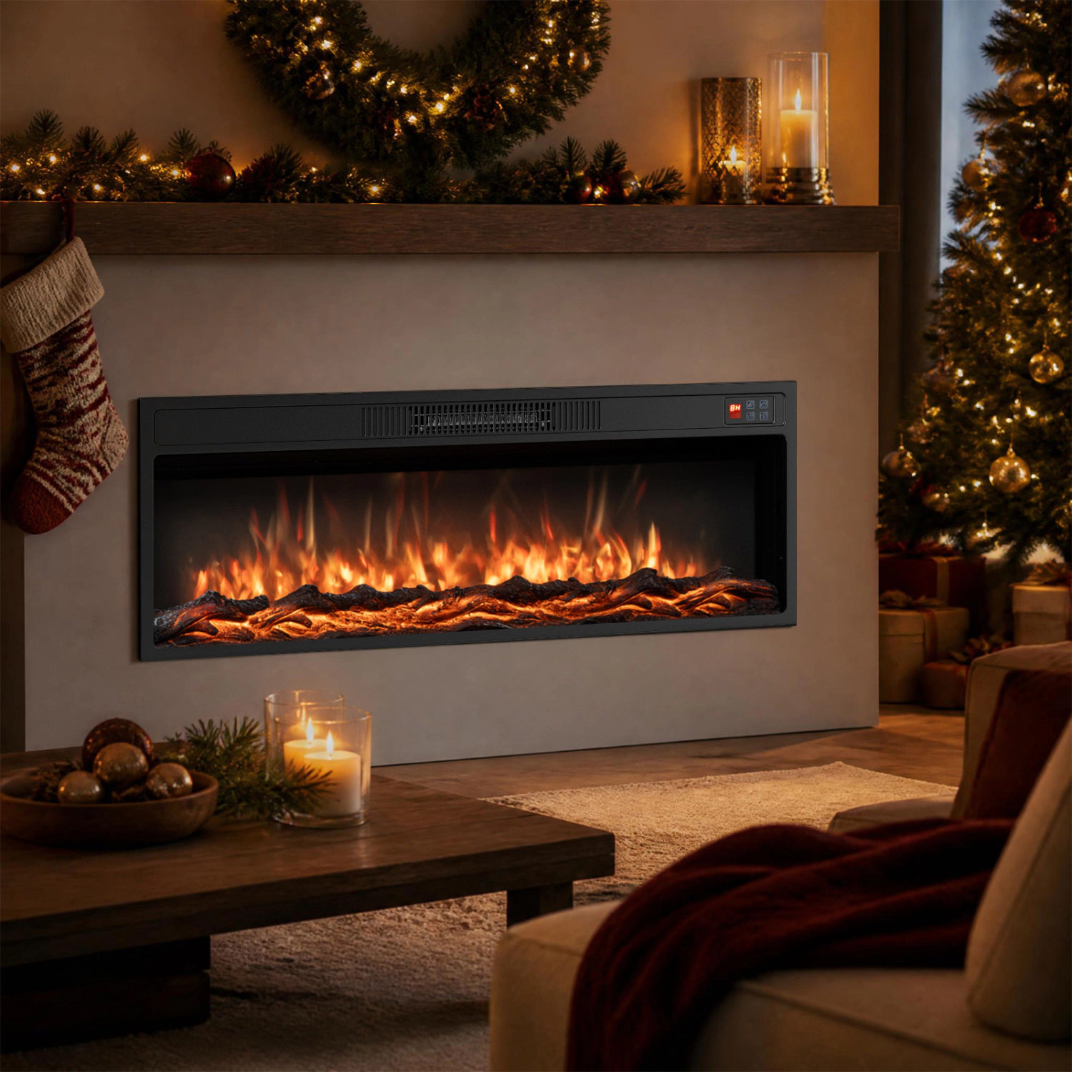LJG Recessed Electric Fireplace Heater with Adjustable Flame Colors & Brightness