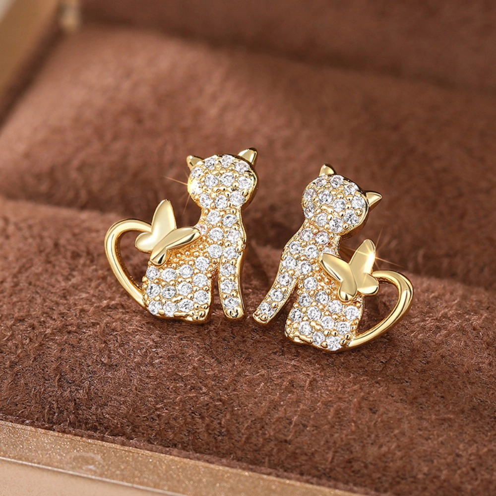 Wardrobe Whimsy Cat And Butterfly Stud Earrings Paved Cubic Zirconia Animal for Women