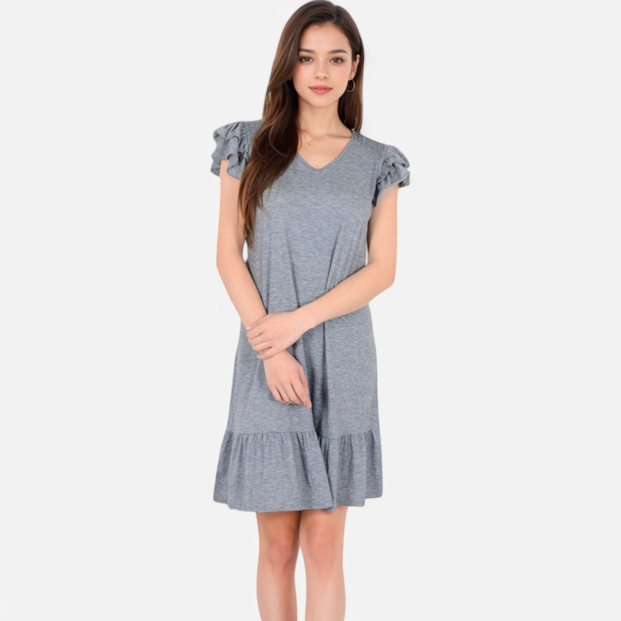 Anna-Kaci Women's Ruffle Sleeve V Neck Tiered Hem Casual Fit Dress