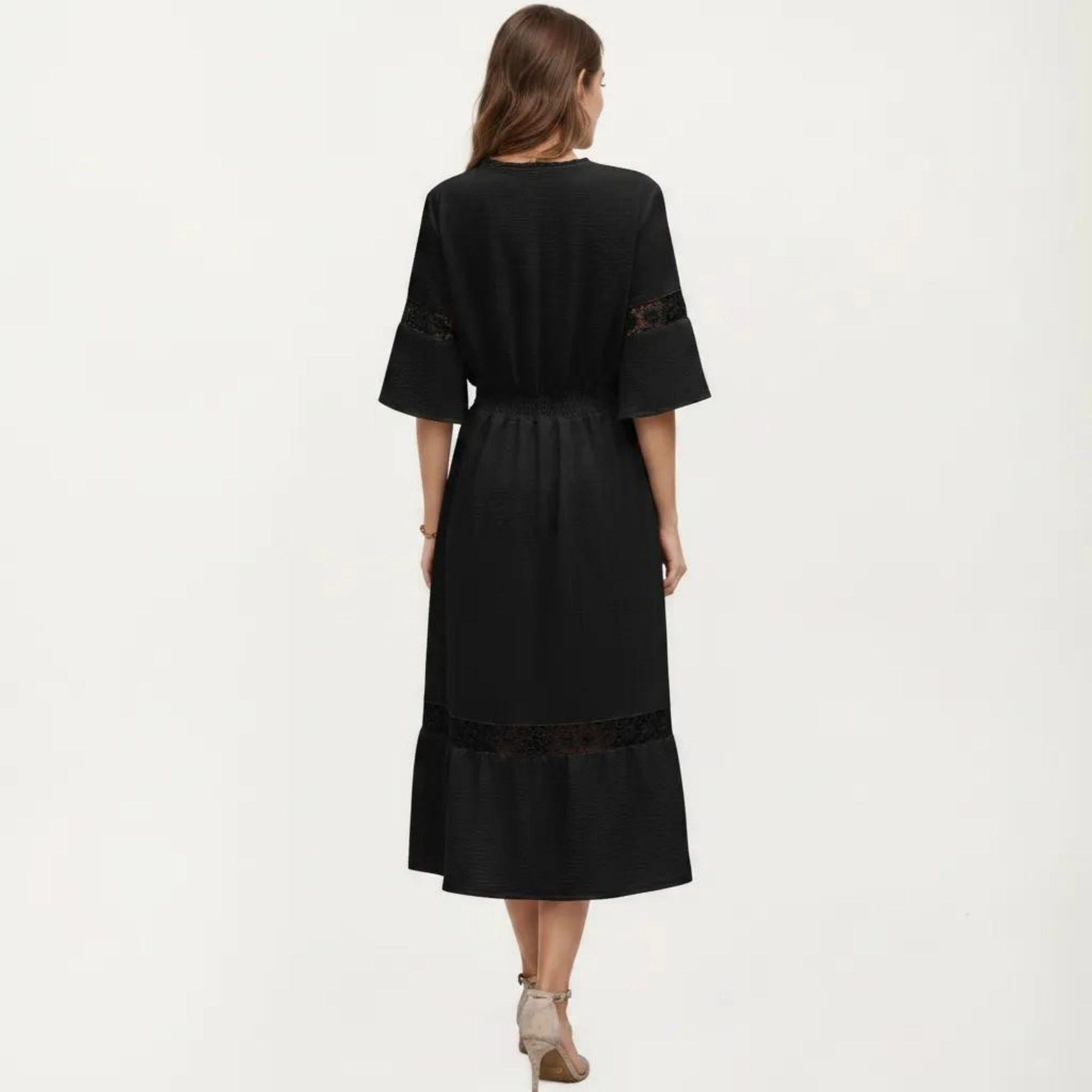 Anna-Kaci Women's V-Neck Lace Trim Paneling Short Wide Sleeves Midi Dress
