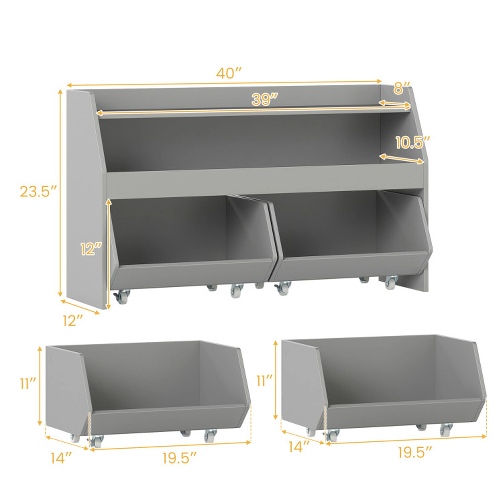 SUGIFT Kids 2 Movable Drawers Lockable Wheels Wooden Toy Storage Bookcase 40-in x 12-in x 23.5-in 176-lb Gray