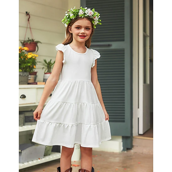 Arshiner Girl Summer Dresses Ruffle Sleeve Tiered Swing Midi Casual Sundress With Pockets Tween