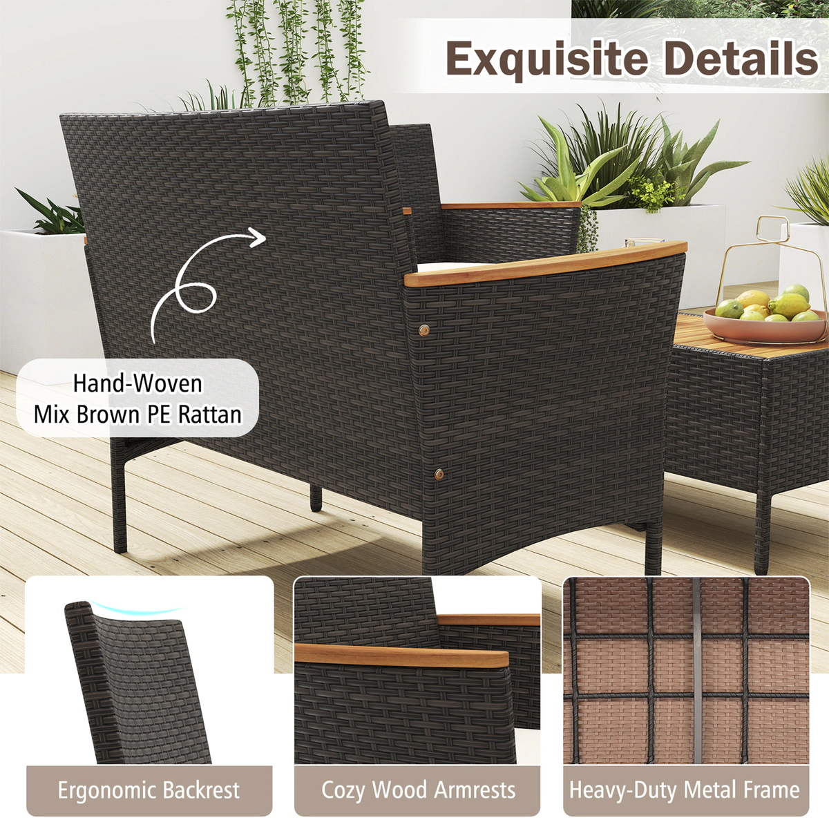 SUGIFT Patio Wicker Sofa Conversation Set with Loveseat 400/800-lb Capacity Mix Brown with Beige/Gray/Red Cushions