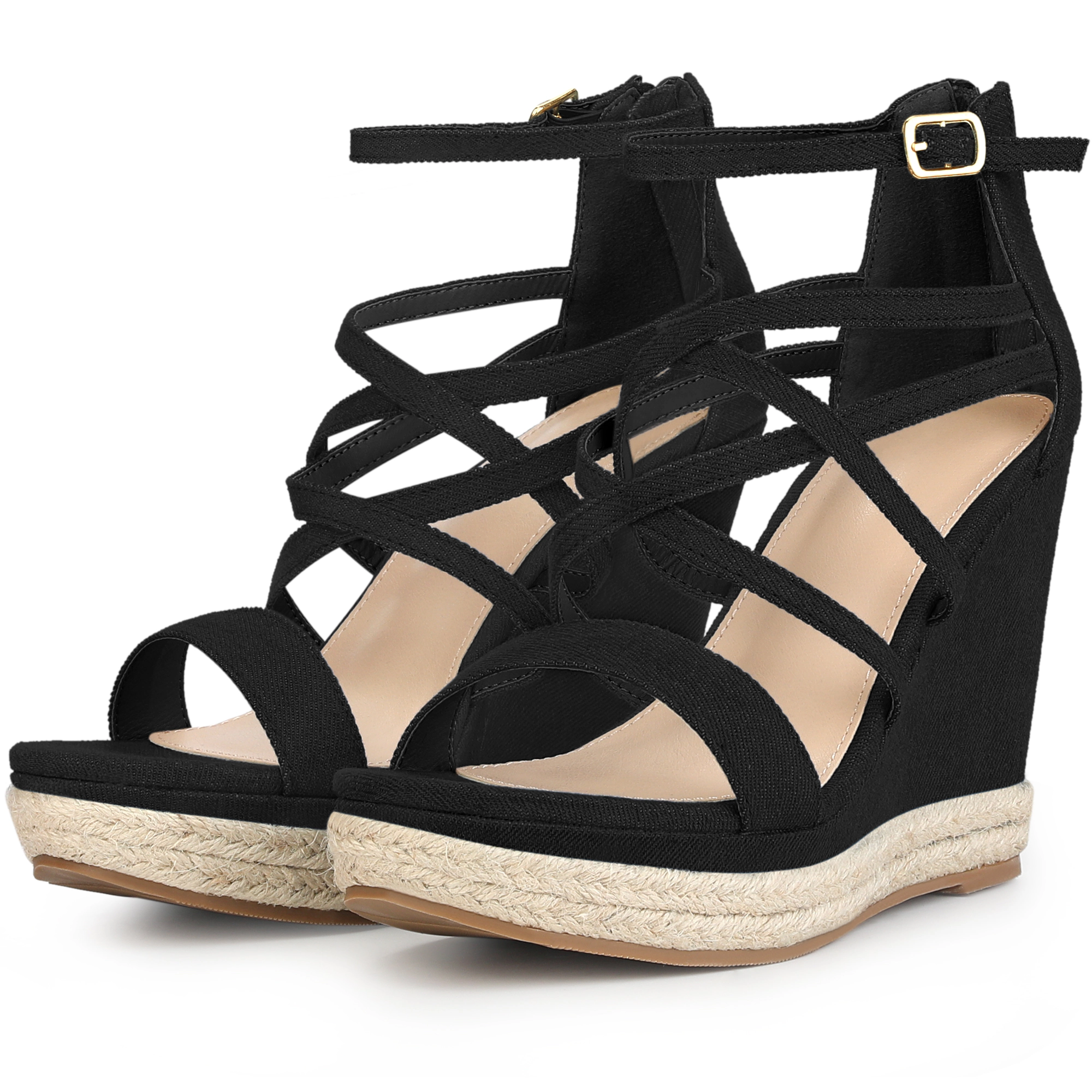 BLISSFUL STEP Women's Denim Strappy Platform Wedge Heel Sandals