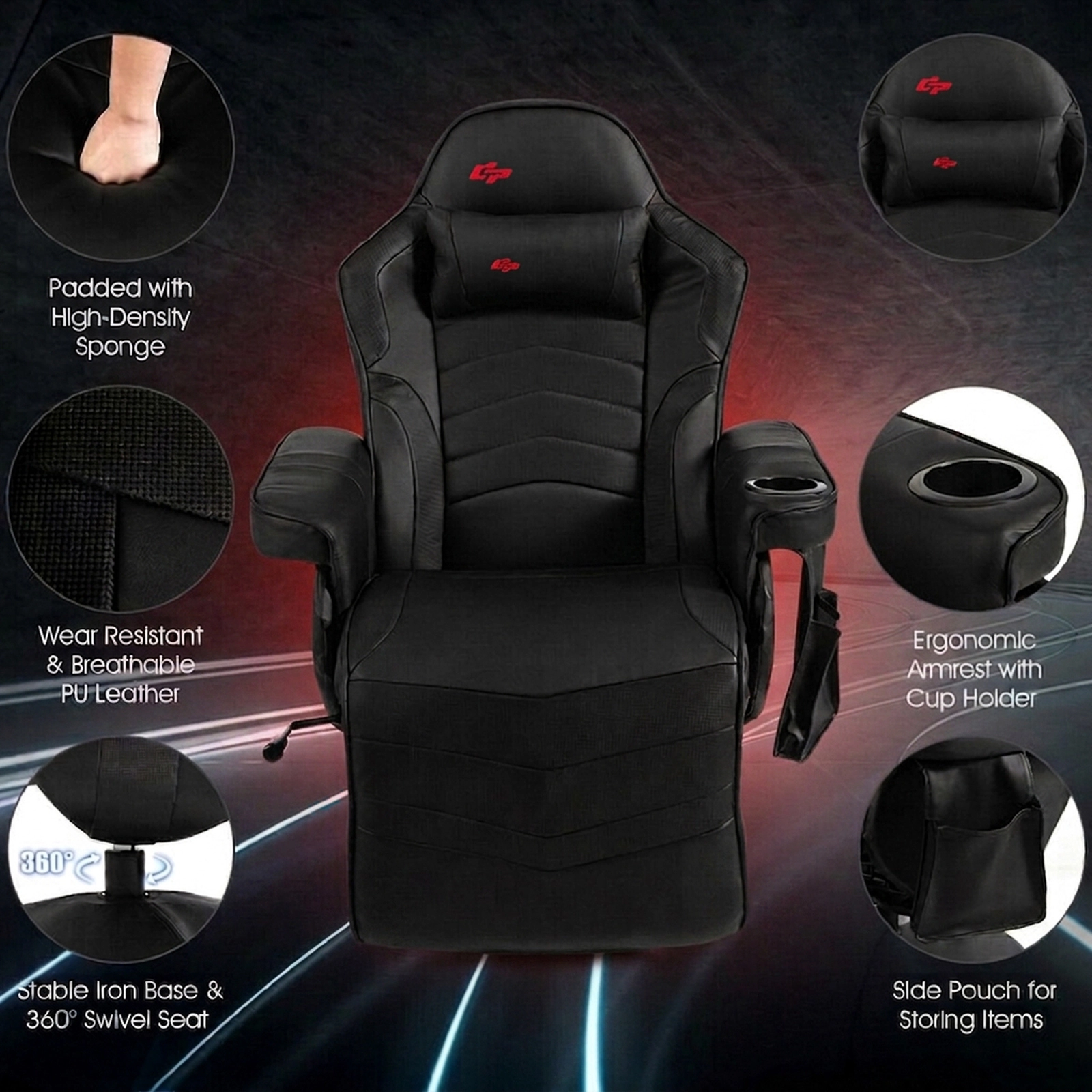 SUGIFT Black Massage Gaming Recliner Chair, 8 Modes, Footrest, Cup Holder