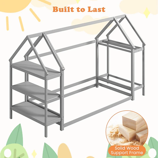 SUGIFT Gray Detachable Storage Shelves and Coat Rack Twin Kids Montessori House Floor Bed