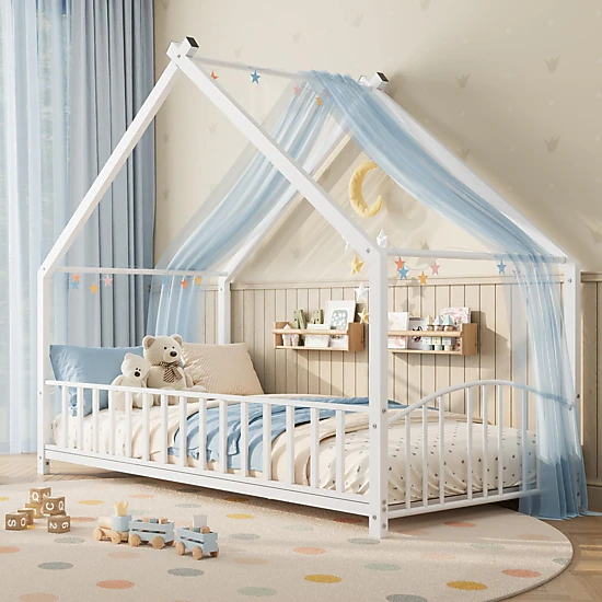 Kids Metal Montessori Floor Bed with House-Shaped Roof, Full-Length Guardrails and Low Profile