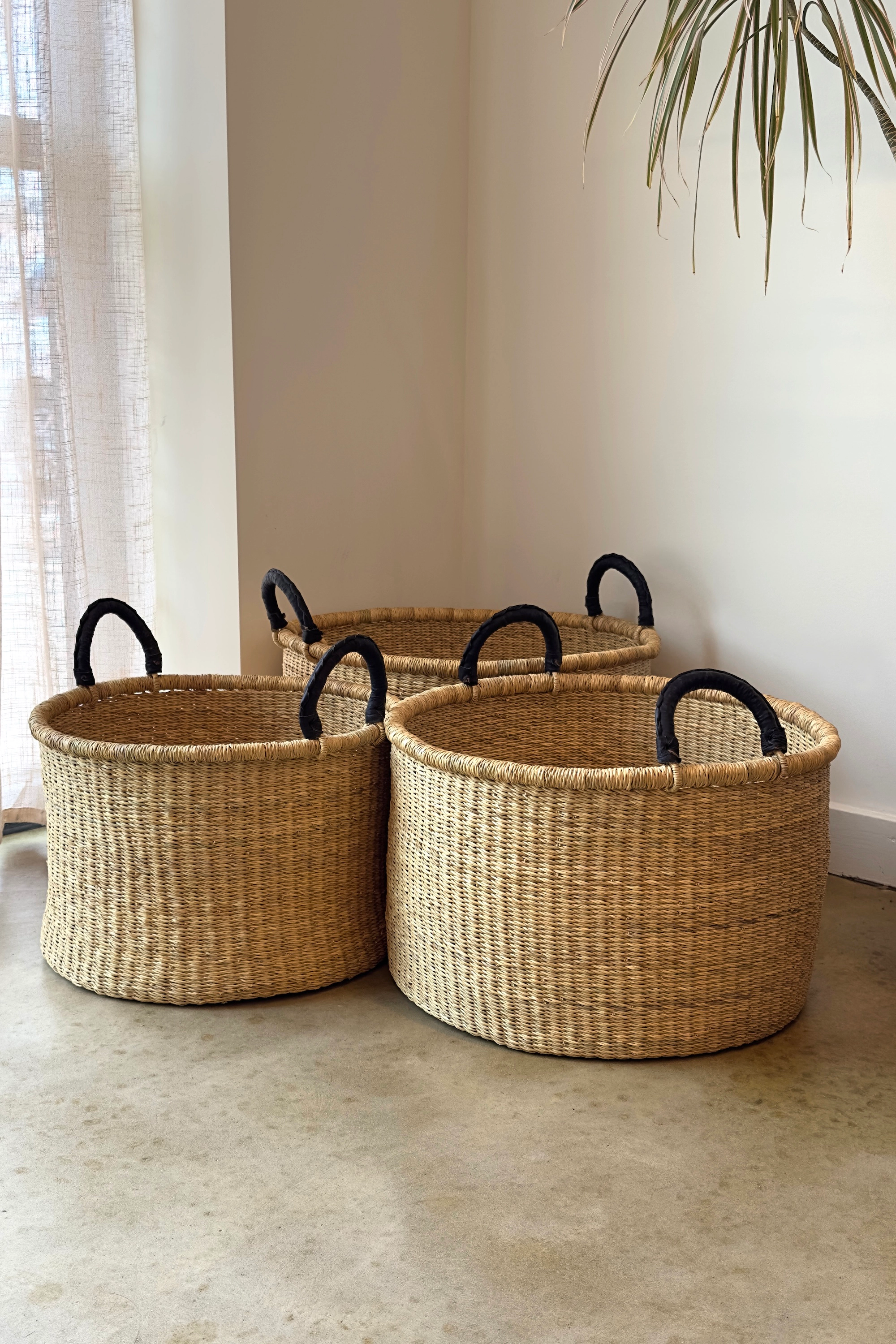 Mbare Set of 3 Handwoven Short Hampers with Leather Handles