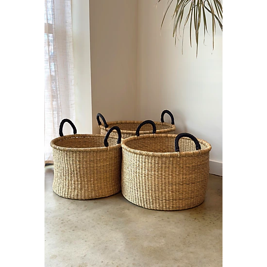 Mbare Set of 3 Handwoven Short Hampers with Leather Handles