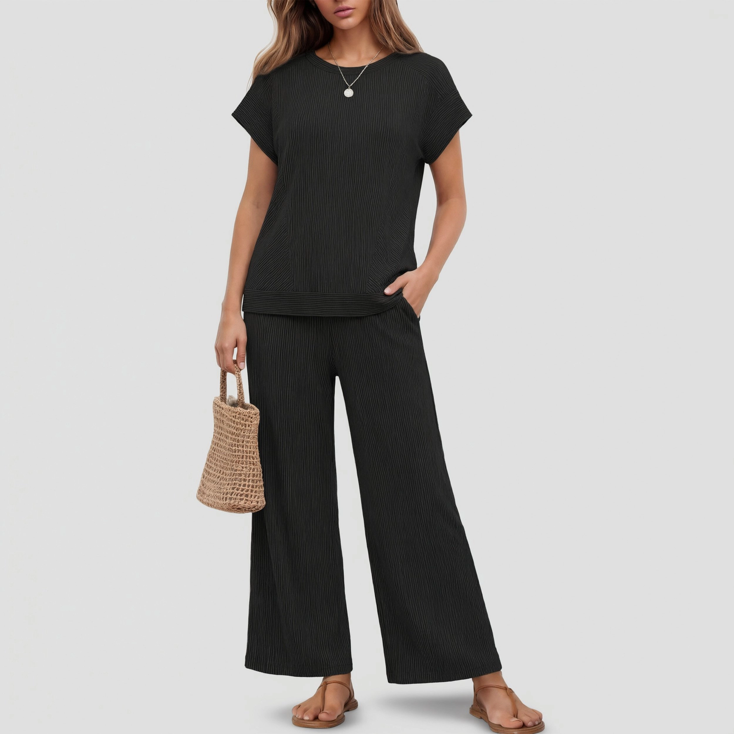 Ekouaer Two Piece Sets for Womens Short Sleeve Top Wide Leg Pants Rib Tracksuits Lounge Set