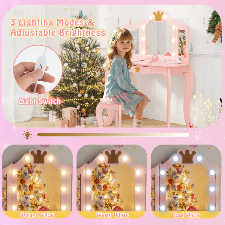 Hivvago Kids Vanity Set With Tri-Fold Lighted Mirror Detachable Top And Stool