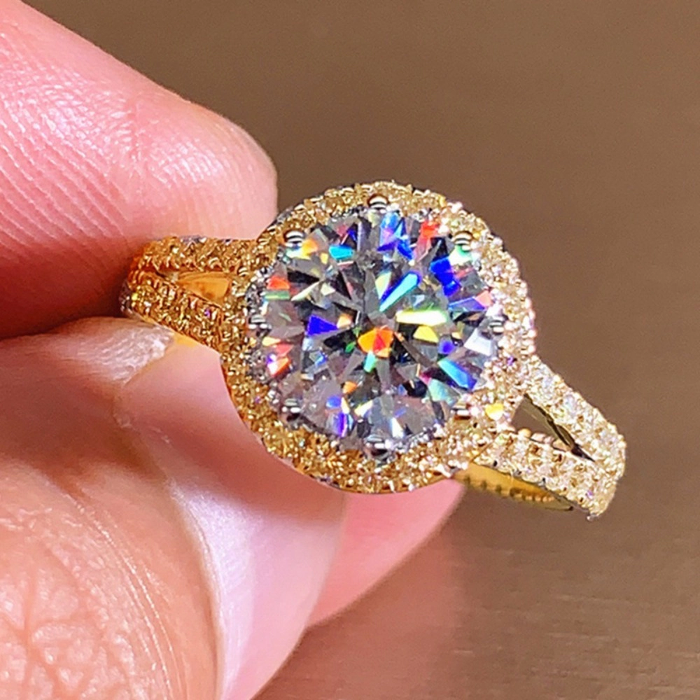 Wardrobe Whimsy Round Cut Halo Cubic Zirconia Split Shank Engagement Ring for Women