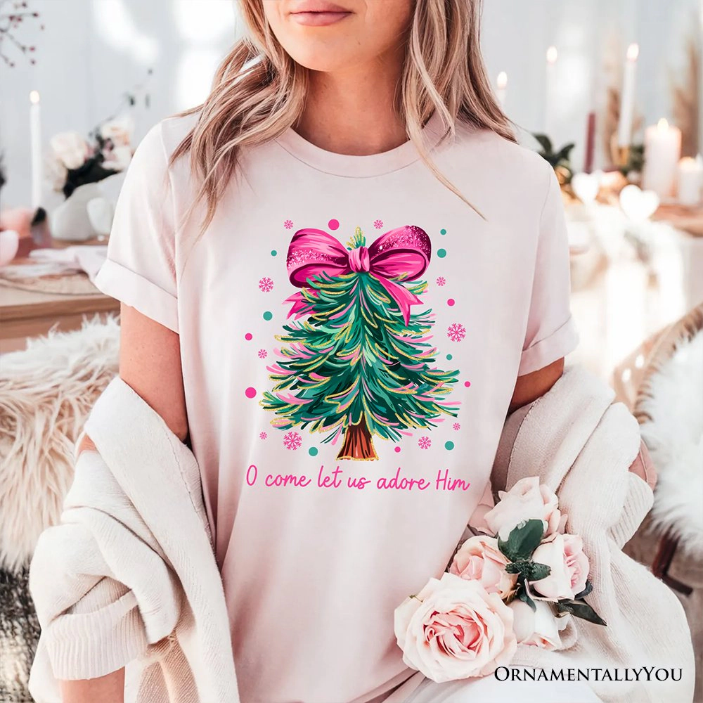 OrnamentallyYou Womens O Come Let Us Adore Him" Coquette Bow Christmas T-Shirt