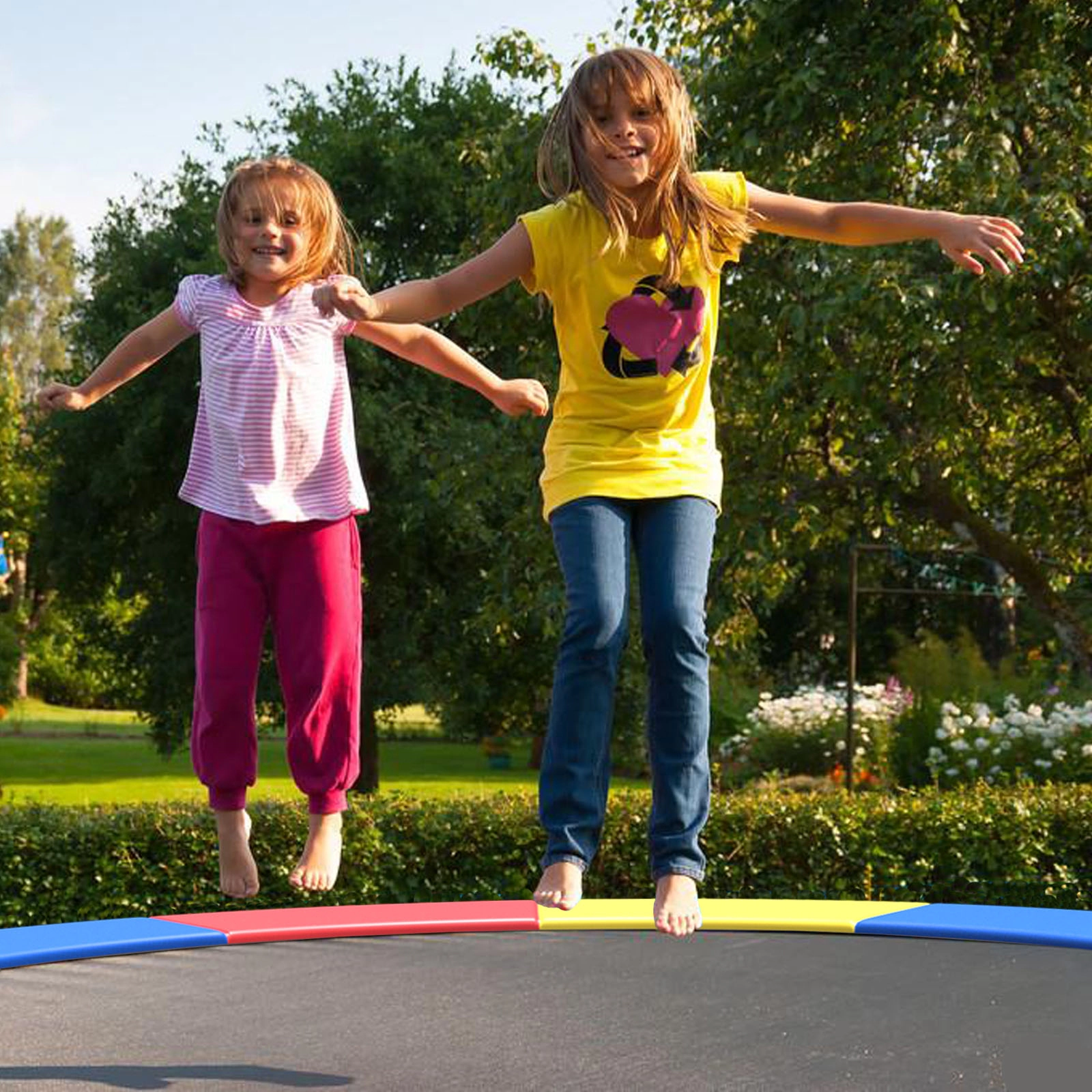 15-ft Trampoline Pad Replacement Weatherproof Spring Cover 11.8-in Padded Top 4-in Skirt Elastic Ties Multicolor