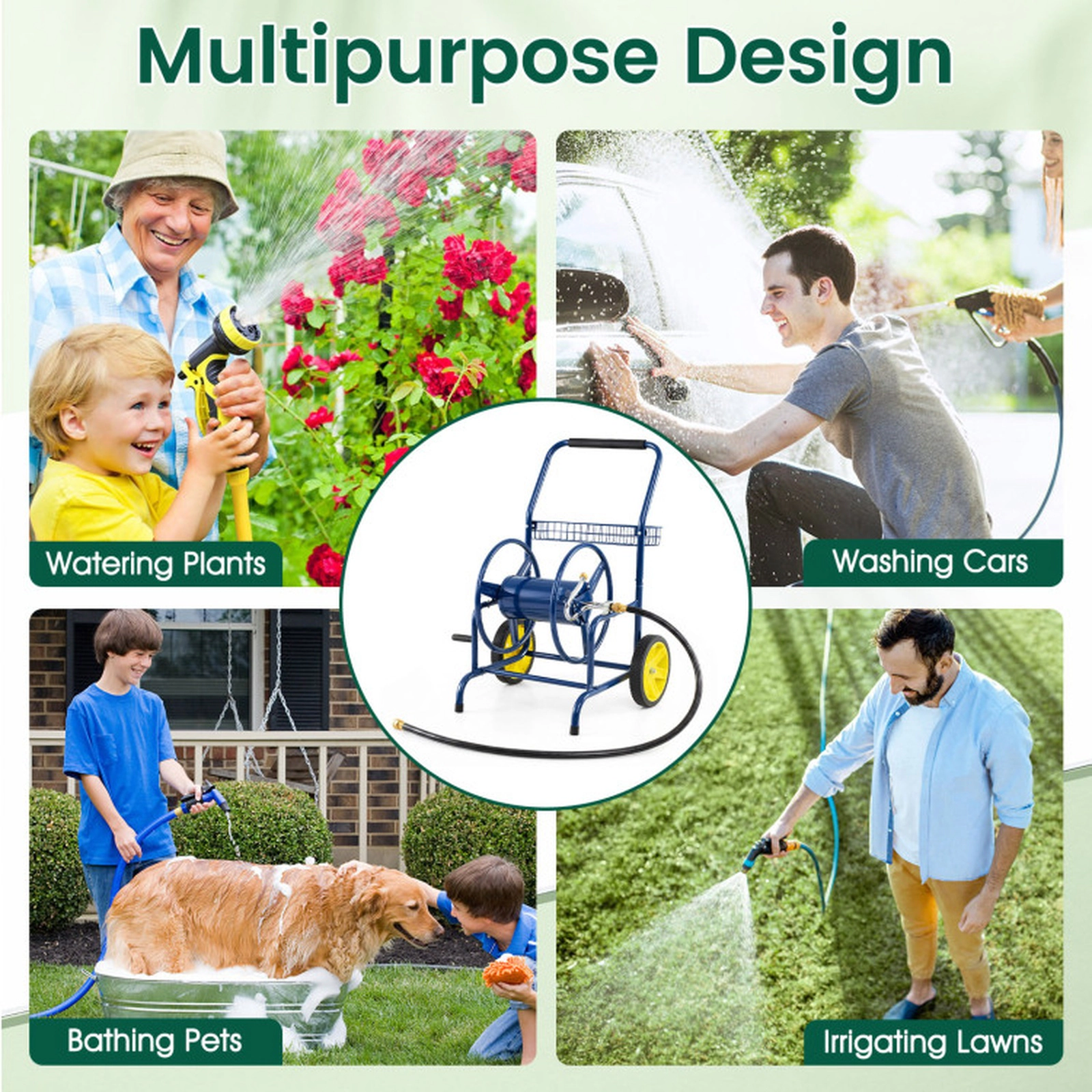 SUGIFT Metal Garden Hose Reel Cart with 2 Wheels and Storage Basket 230-ft Capacity Silver/Blue/Green