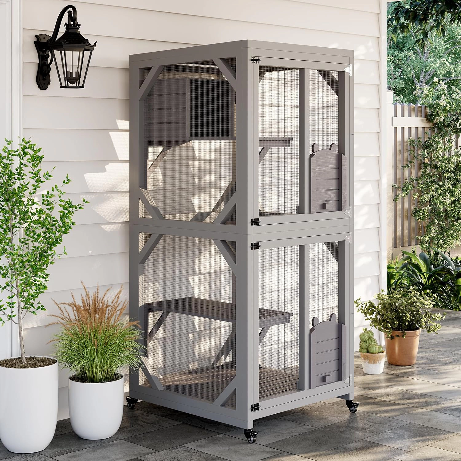 Wooden Outdoor Catio Cat Enclosure, Weather-Resistant Cat House with Scratching Post & Mesh Panels