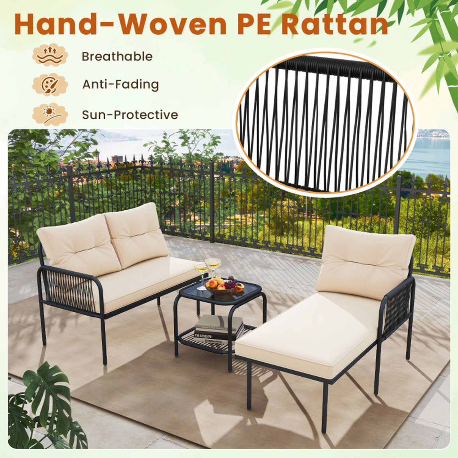 SUGIFT 3-Piece Beige L-Shaped Patio Sectional Set with Coffee Table 68-in W 48-in D 30-in H 660-lb Sofa Capacity