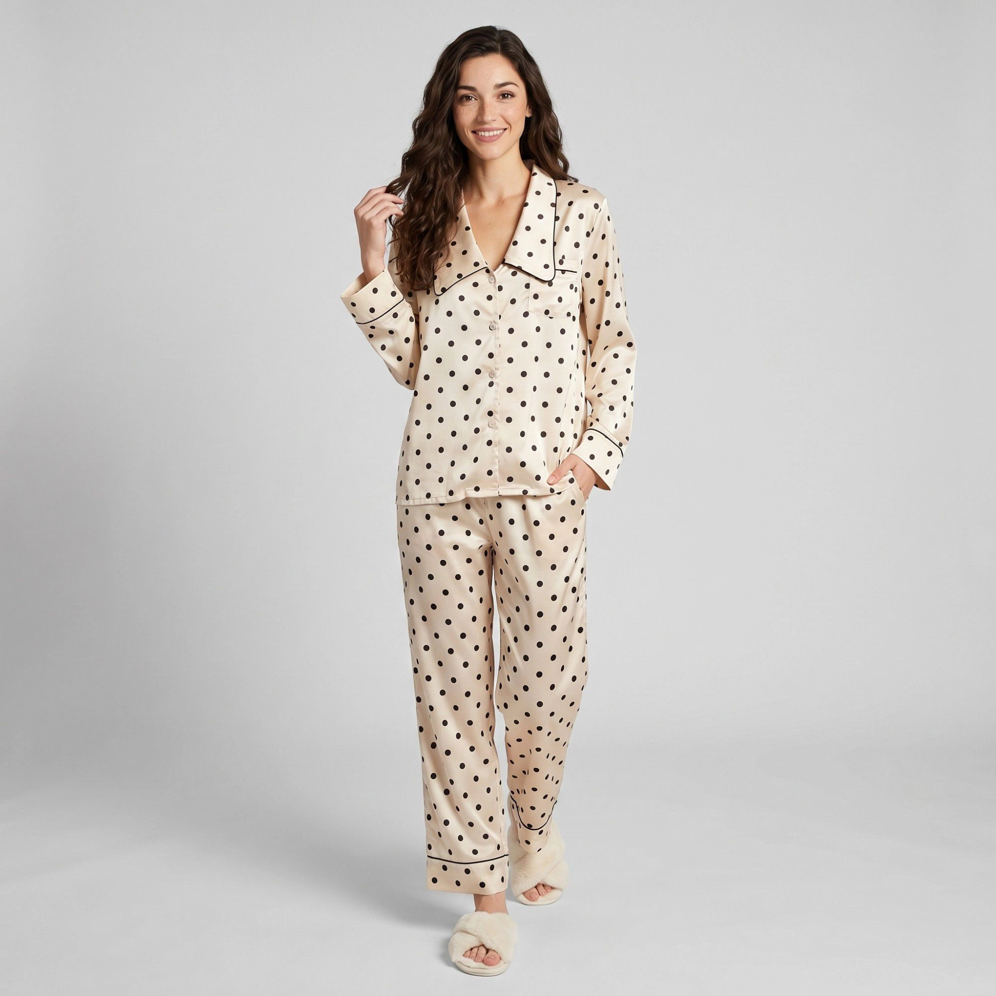 Anna-Kaci Women's 2-Piece Polka Dot Pajama Set with Button Front Top and Wide Leg Pants