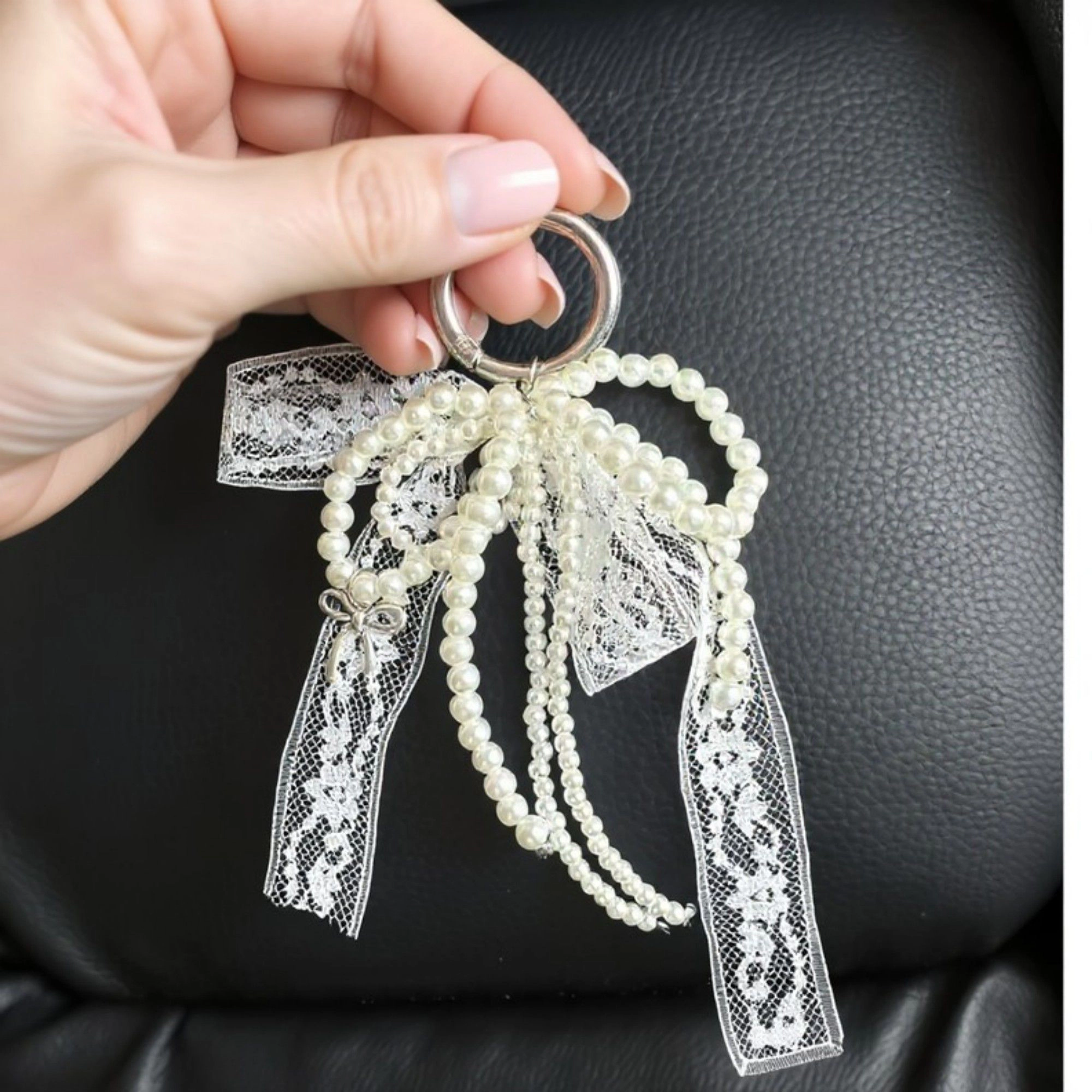 Alilang Women's Pearl and Lace Bow Keychain with Silver Ring and Charm Accent