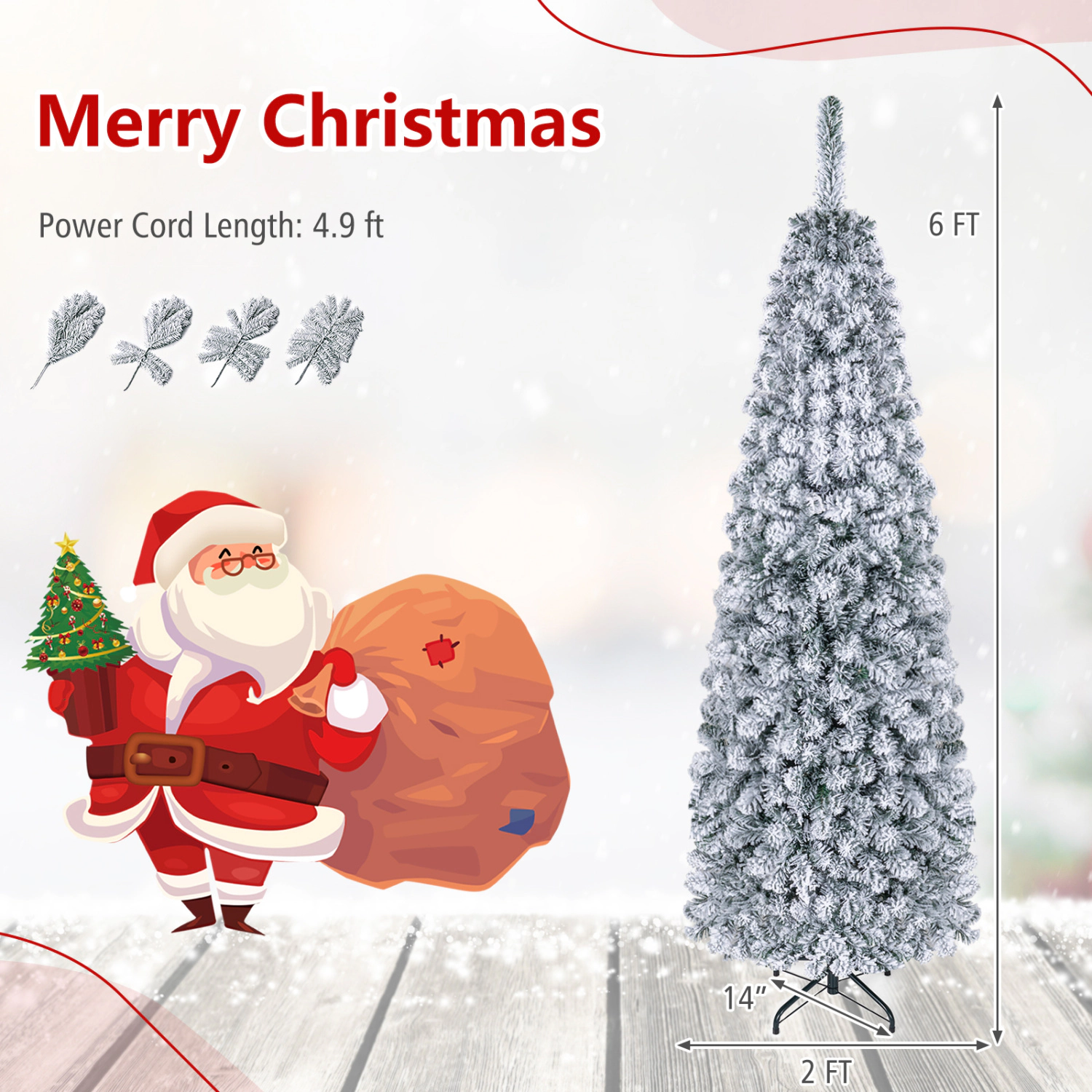 LJG Feet Pre-Lit Snow Flocked Artificial Pencil Christmas Tree with LED Lights