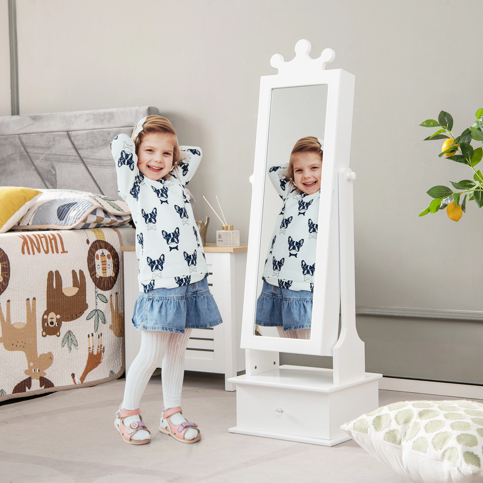 SUGIFT White Full Length Mirror and Drawer for Ages 3 and Up 2-in-1 Kids Jewelry Armoire