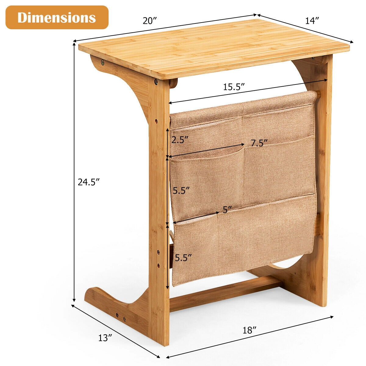 SUGIFT Bamboo Sofa Side Table Natural End Table with Fabric Storage Bag