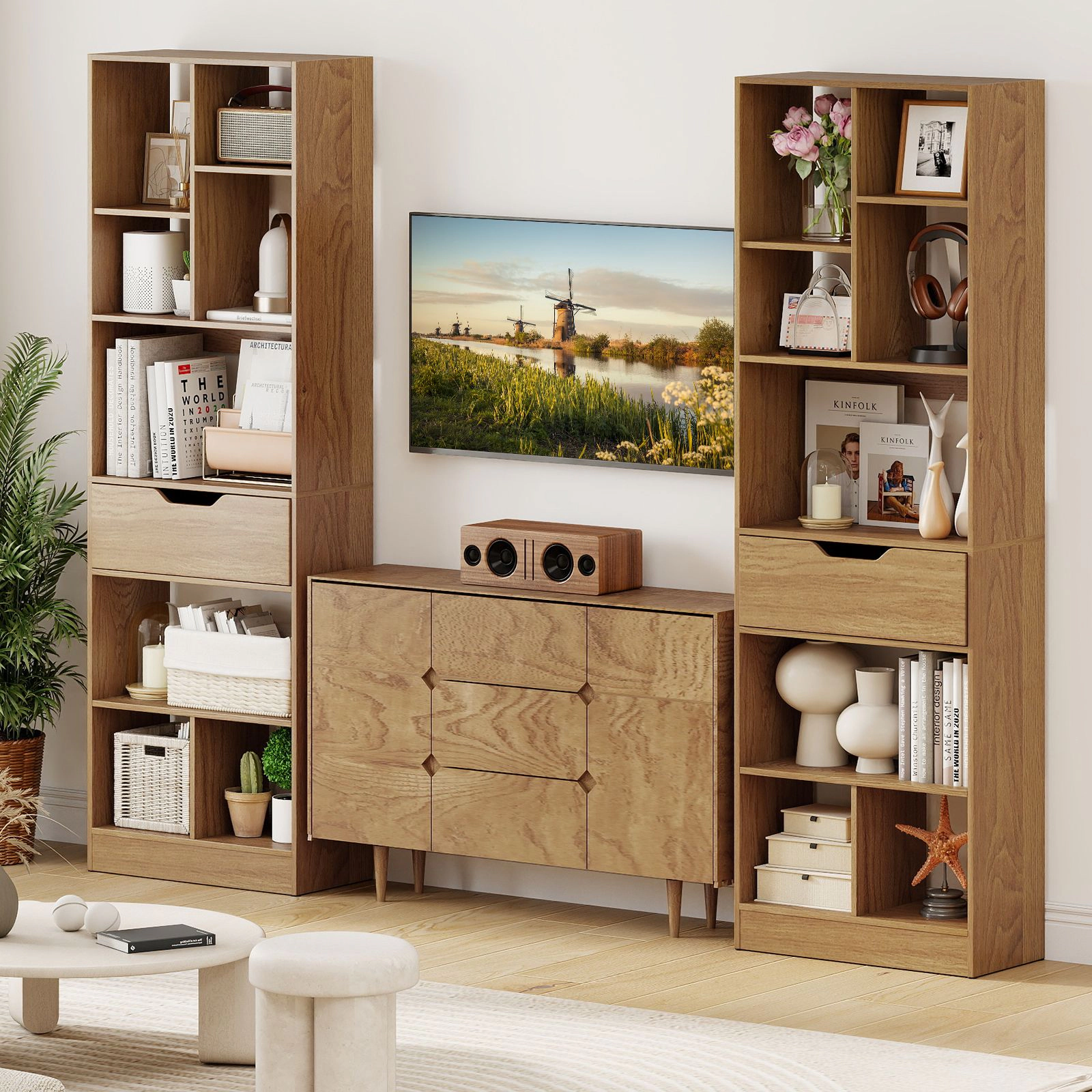 SlickBlue 61 Inch Bookcase with Drawer, 7 Open Cubby Shelves