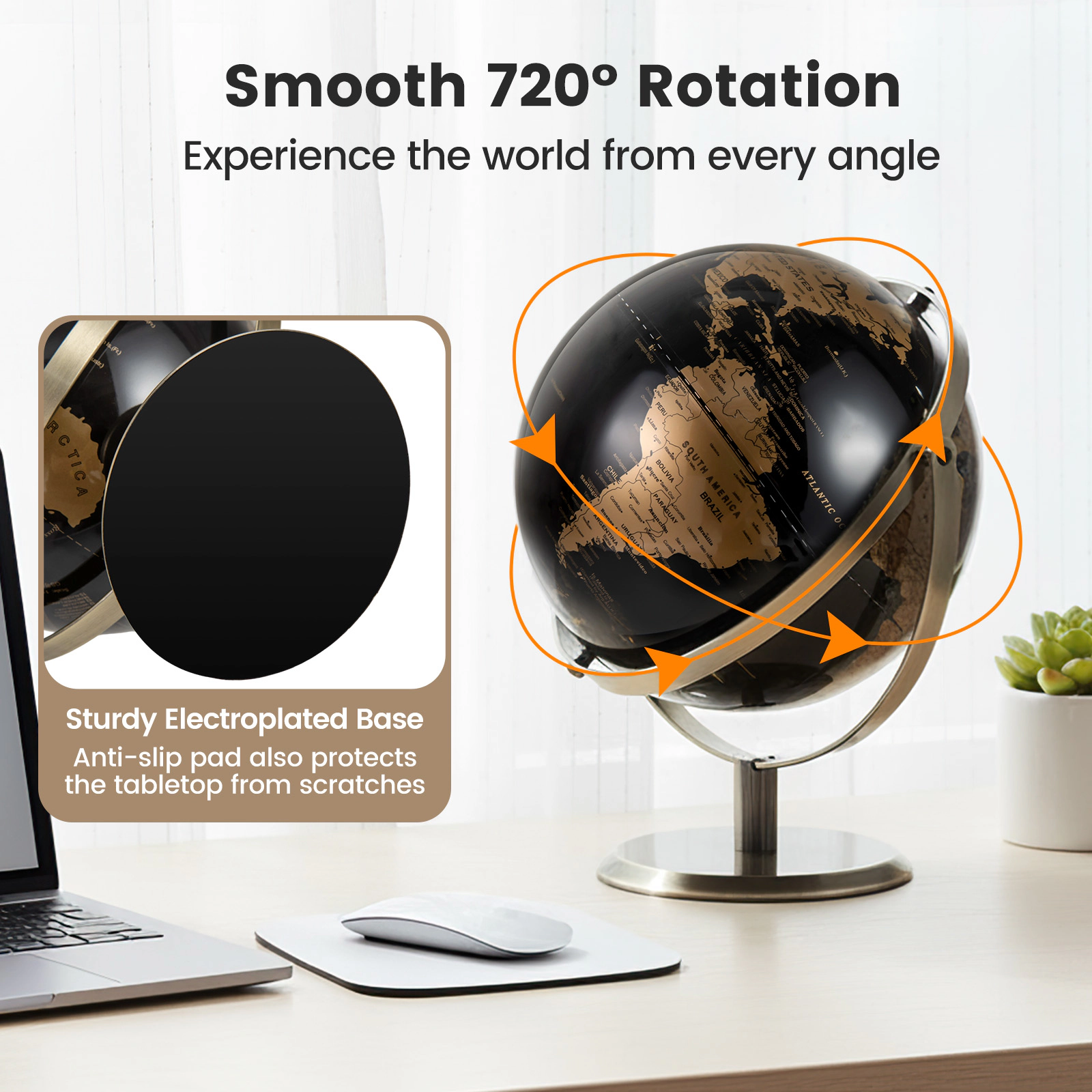 SUGIFT 720° Rotating Metallic World Globe with Time Dial Interactive Toy 9-in Globe Diameter Black and Gold