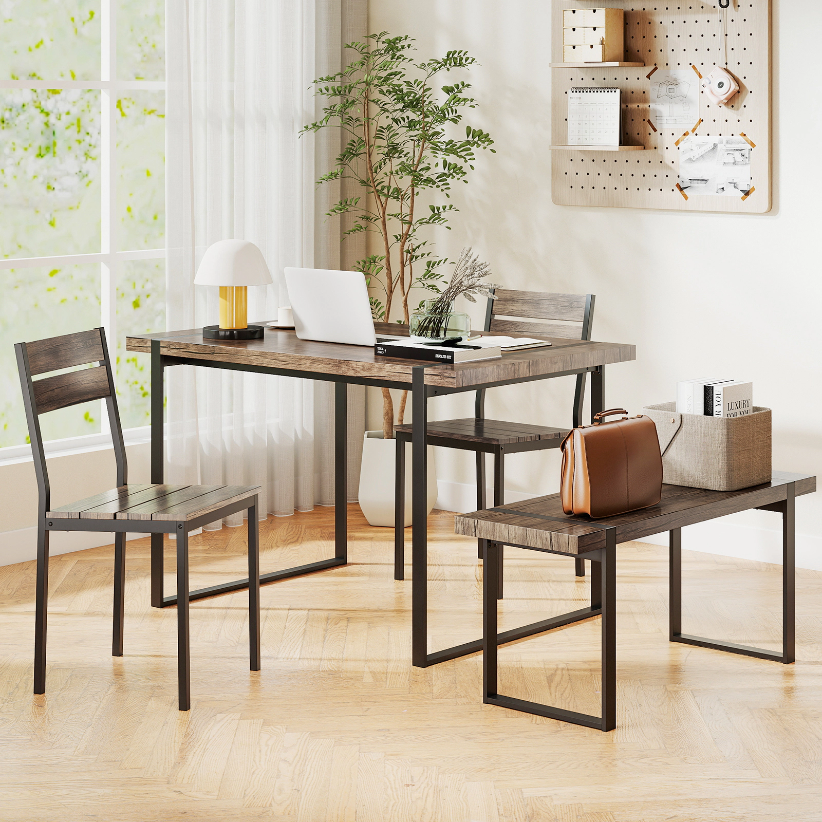 LJG 4-Piece Dining Table Set for 4 with 1 Bench and 2 Chairs