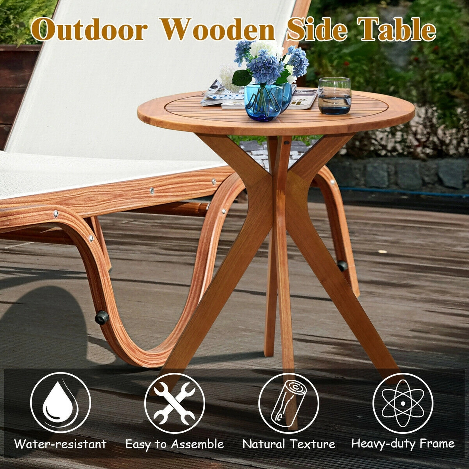 SUGIFT 27.5-in Eucalyptus Round Solid Wood Coffee Bistro Side Table 110-lb Capacity Outdoor Indoor Teak Finish 1-Piece