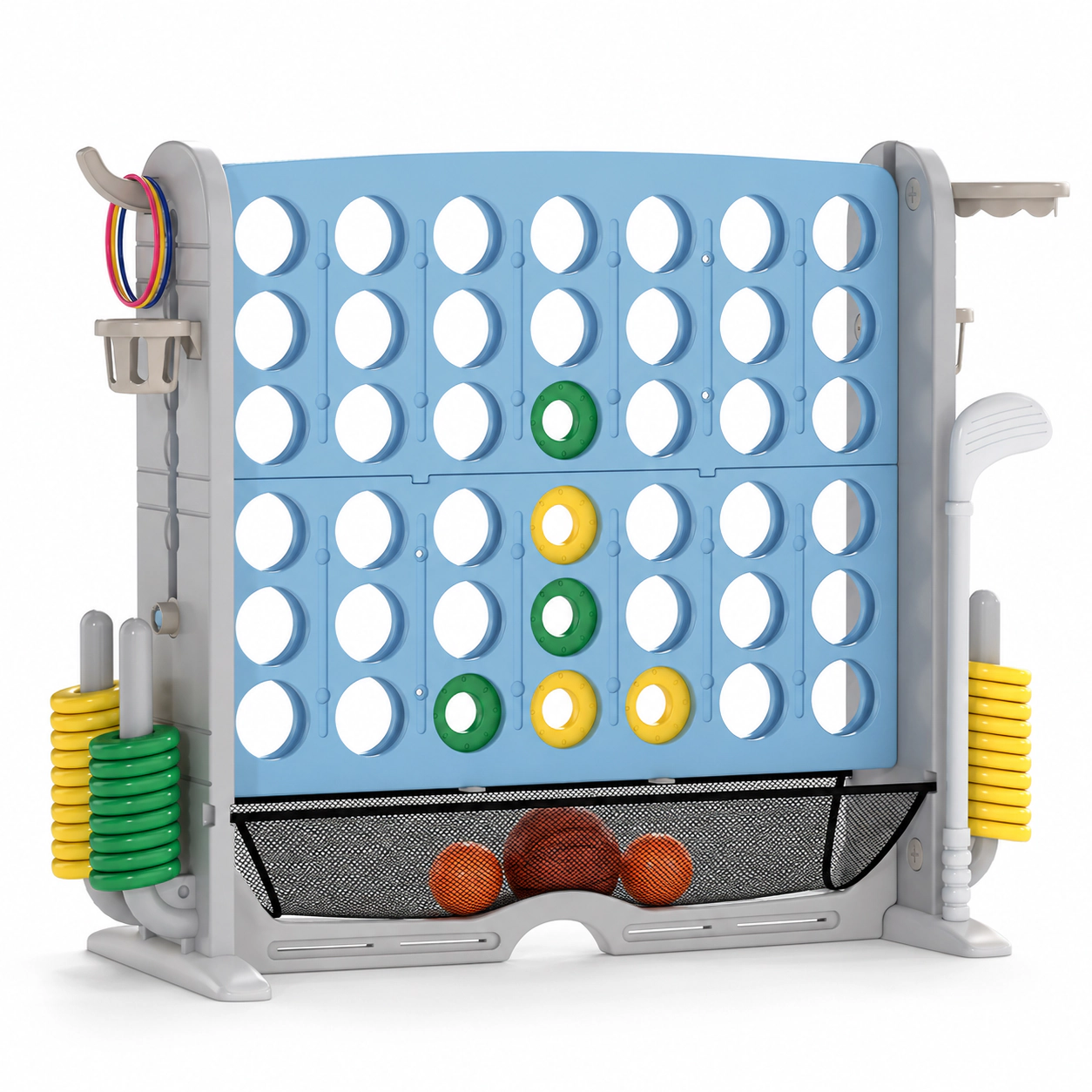 SUGIFT Light Blue 4-in-1 Jumbo 4-to-Score Game with Ring Toss and Basketball Hoop 40.5-in W 32.5-in to 38.5-in H