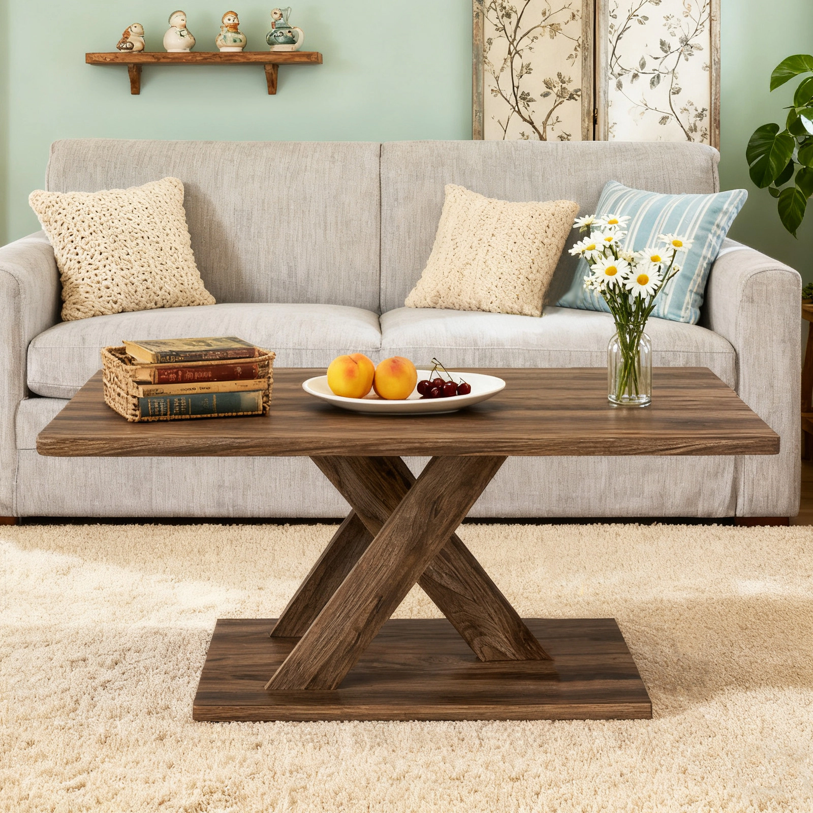 LJG 37.5 Inch Rectangular Coffee Table with Stable Base and Rubber Wood Connection for Living Room