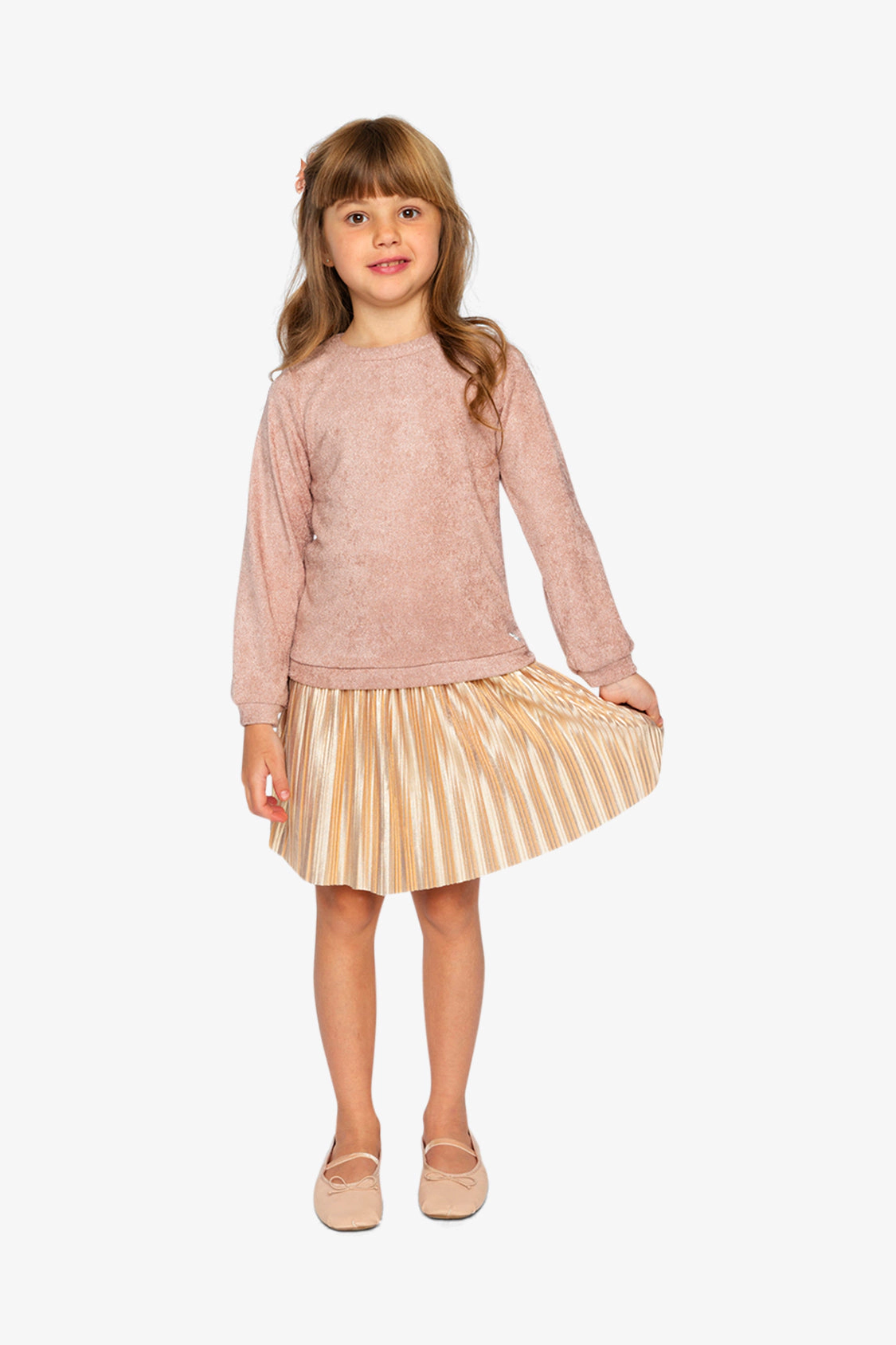 Deux par Girls Bi-Material Long Sleeve Accordion Pleated Dress