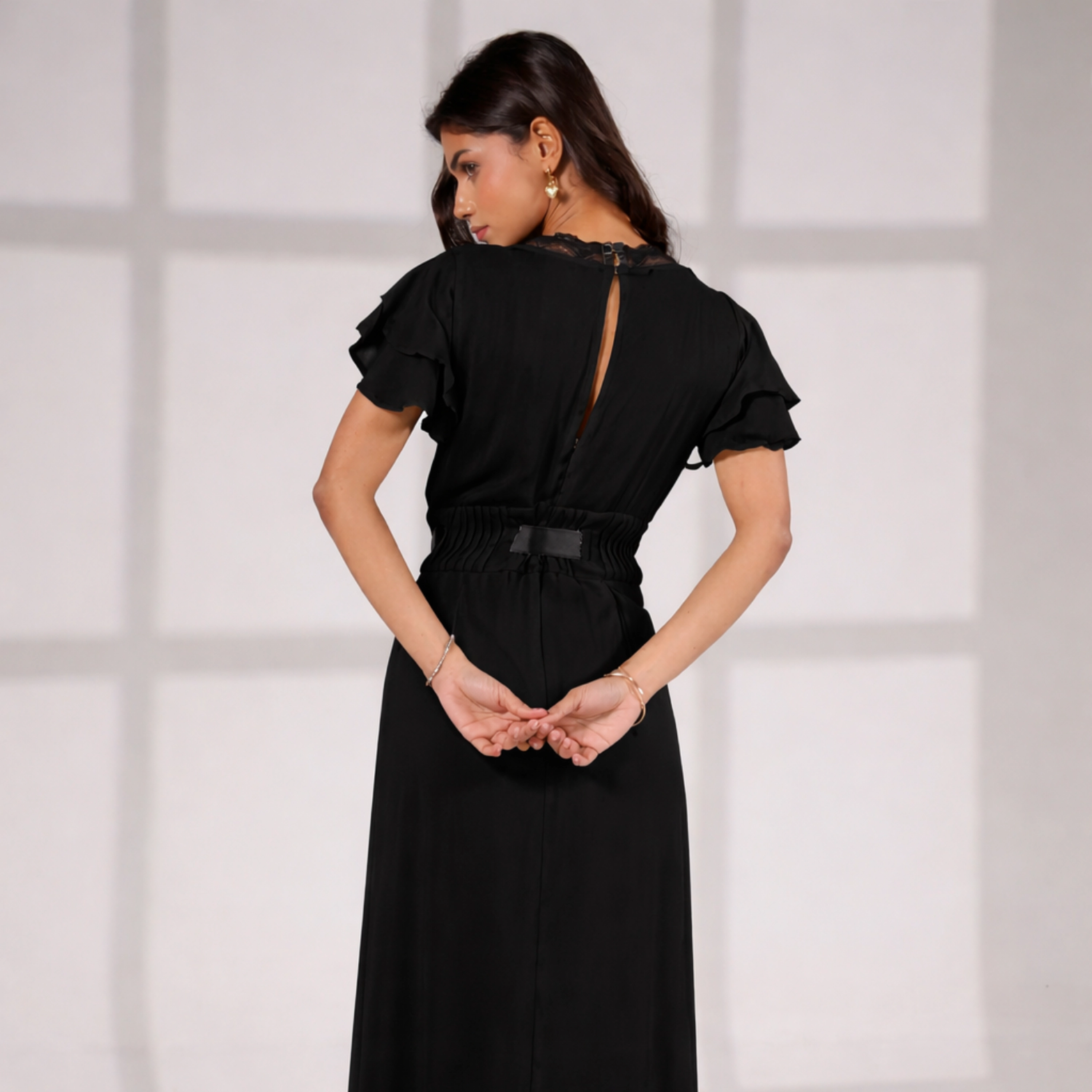 Rose & Nancy Women's Chloe Black Lace Detail Tie Waist Maxi Dress