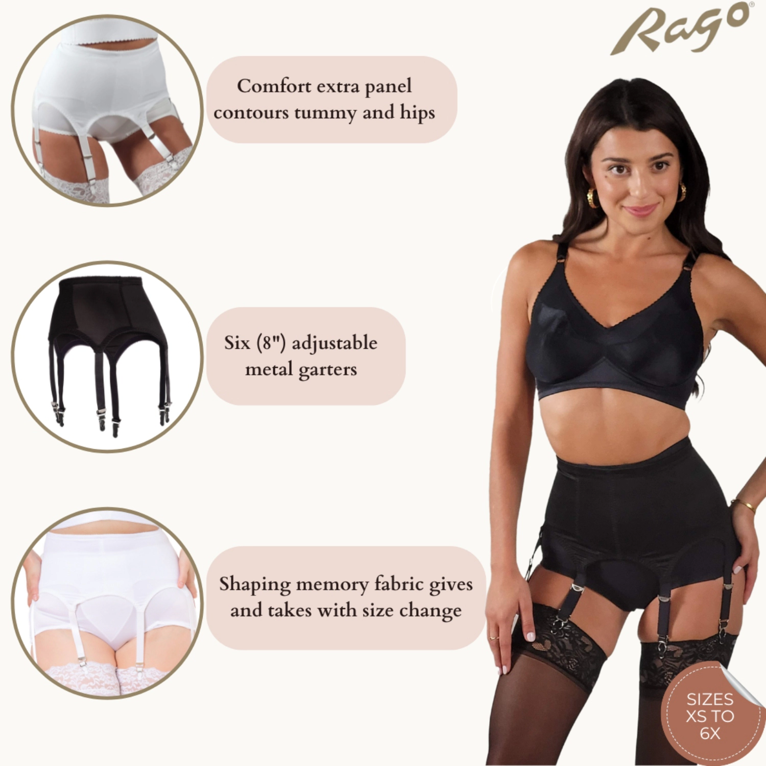 Rago Garter Belt | Six Metal Garters Moderate Shaping & Tummy Control Style 72522
