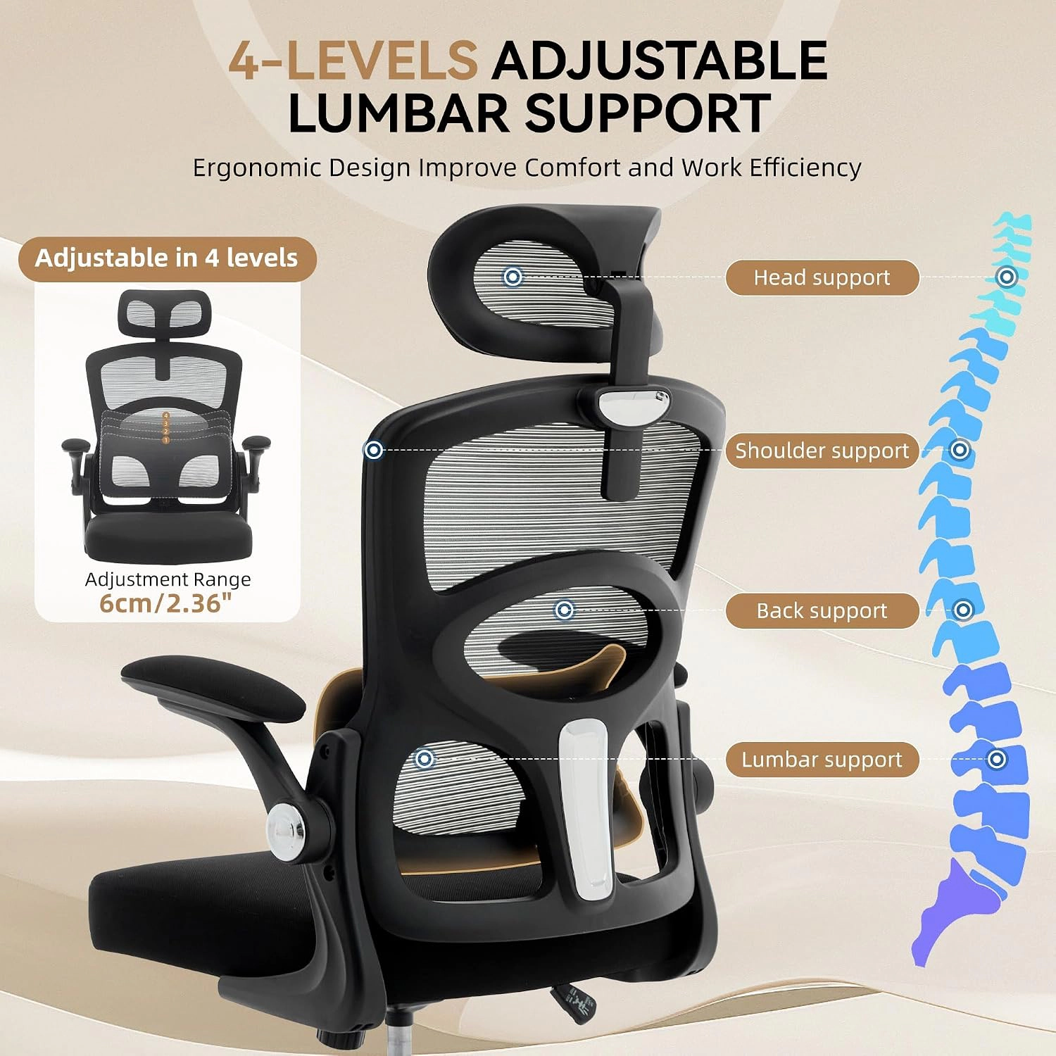 Ergonomic Mesh Office Chair, Adjustable Headrest, Comfortable Desk Chair, with 4-Level Lumbar Support