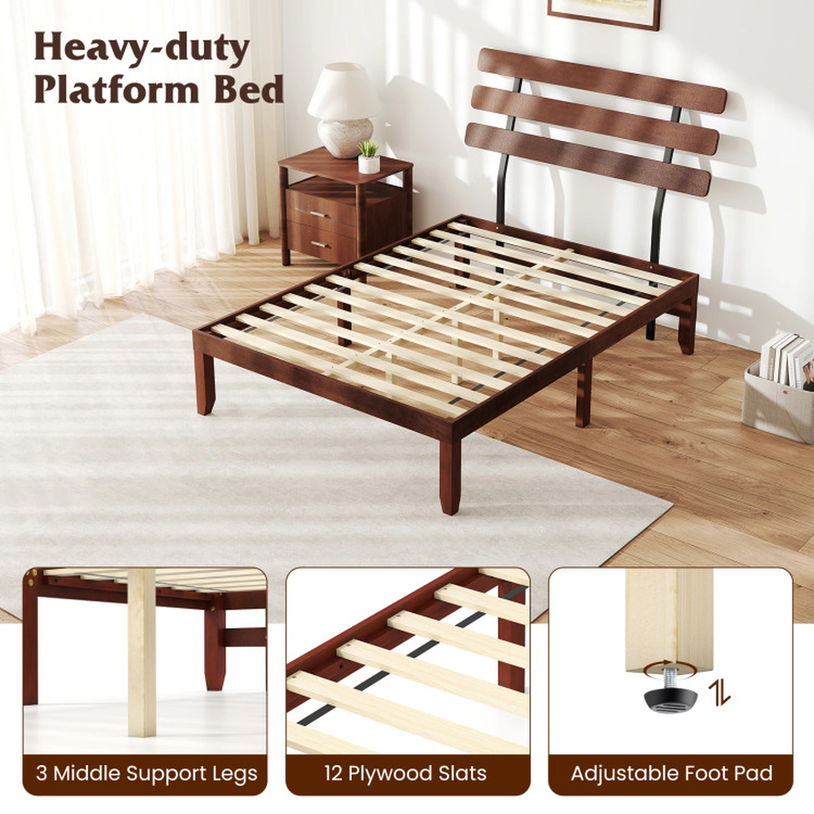 SUGIFT Walnut Retro Slat Headboard and 12 Slats Solid Wood Platform Bed
