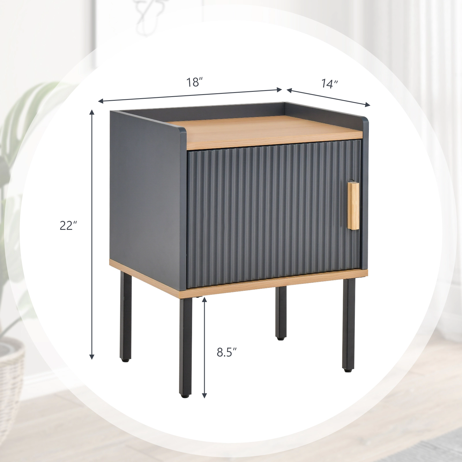SUGIFT 22 in Gray Nightstand with Single-Door Cabinet and Raised Edge
