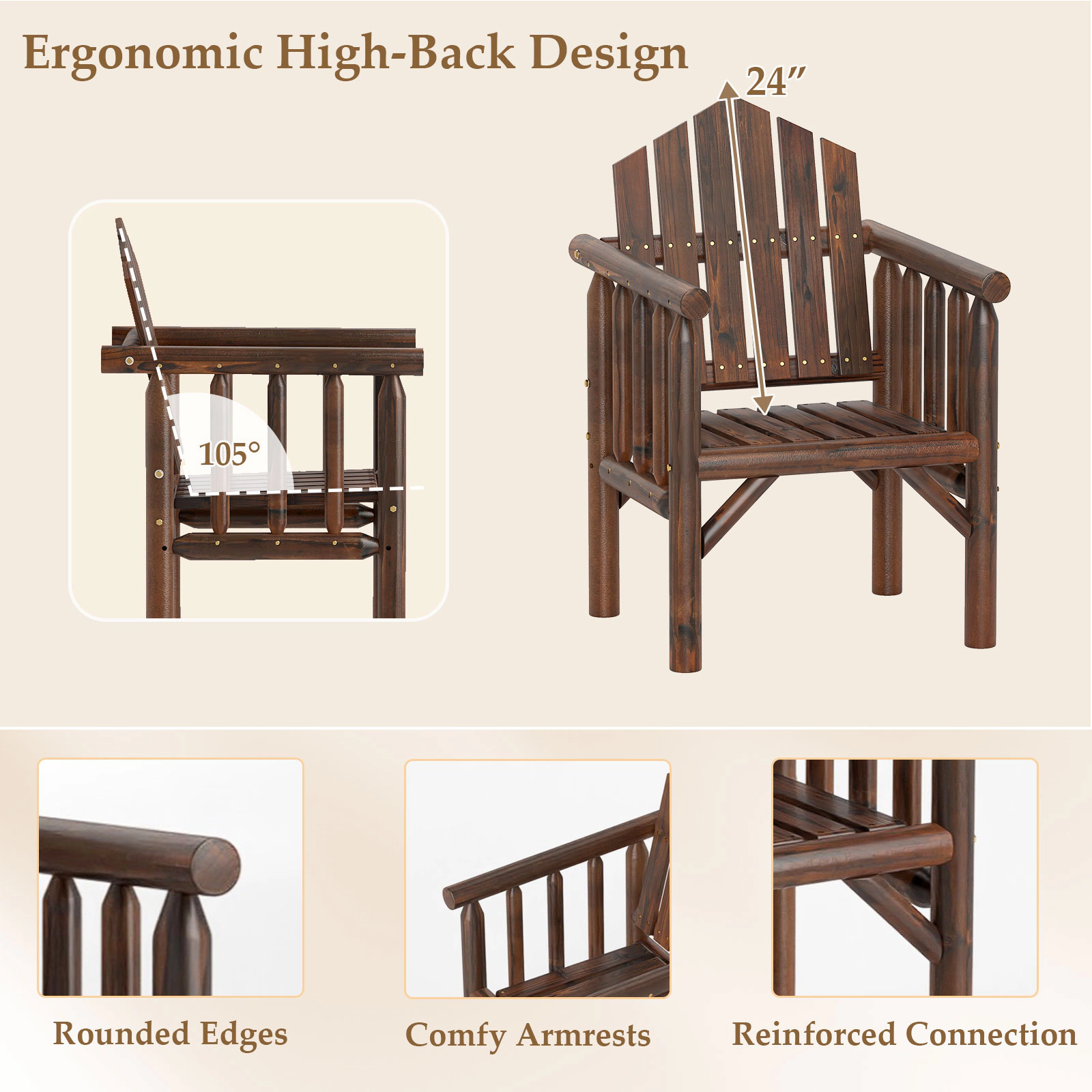 SUGIFT Outdoor Pine & Fir Wood Patio Dining Armchair 330-Lb Capacity 26-in Wide High Back Armrests Brown/Natural 1-Piece