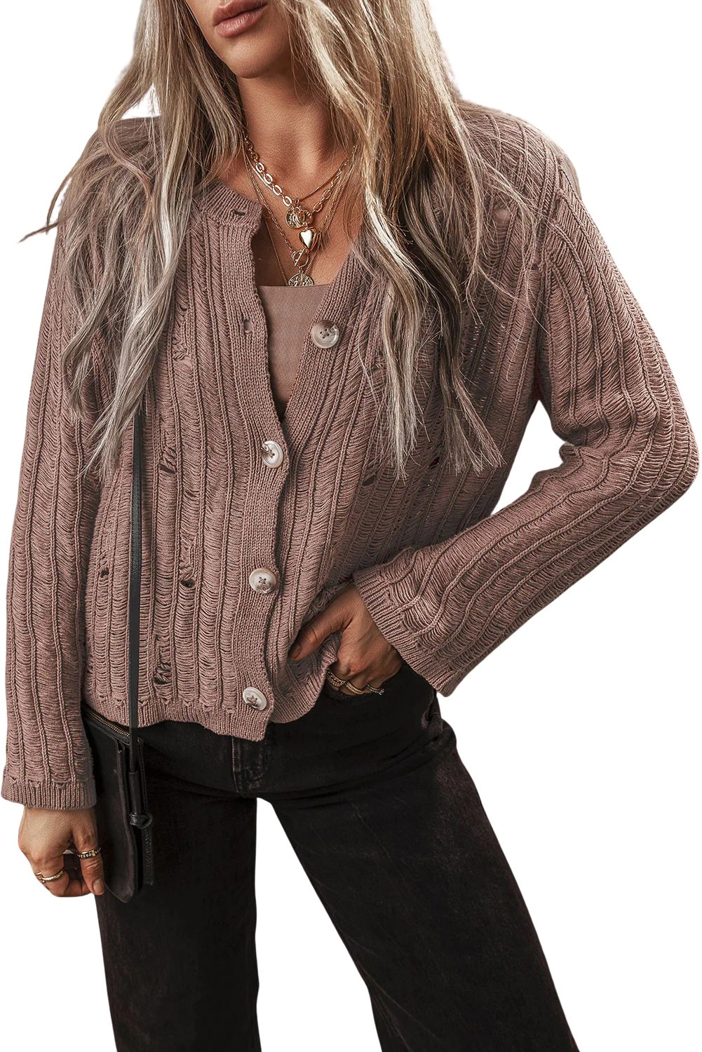 Sol Living Womens Goat Cut Out Textured Knit Buttoned Cardigan
