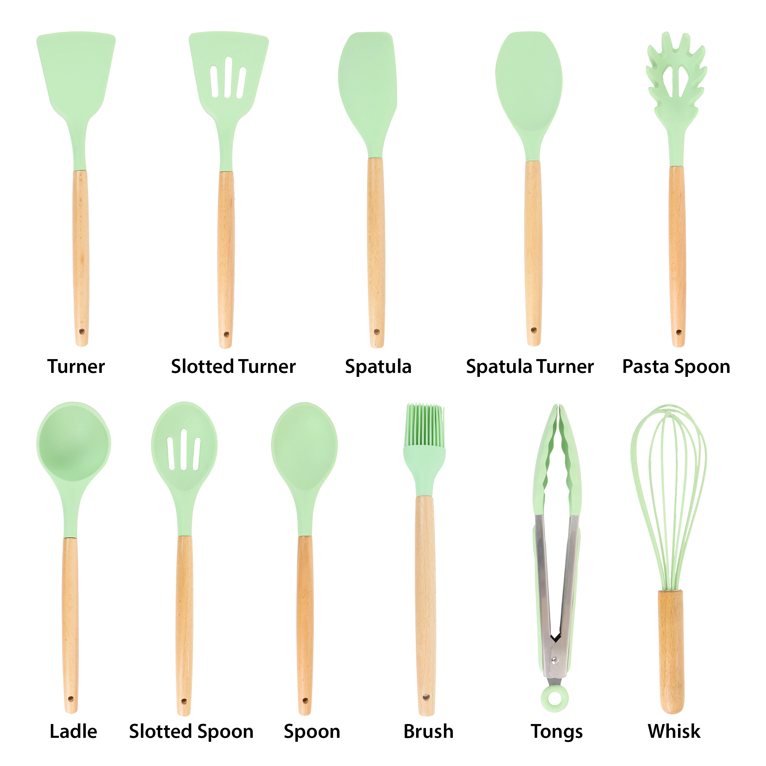 MegaChef Mint Green Silicone and Wood Cooking Utensils, Set of 12