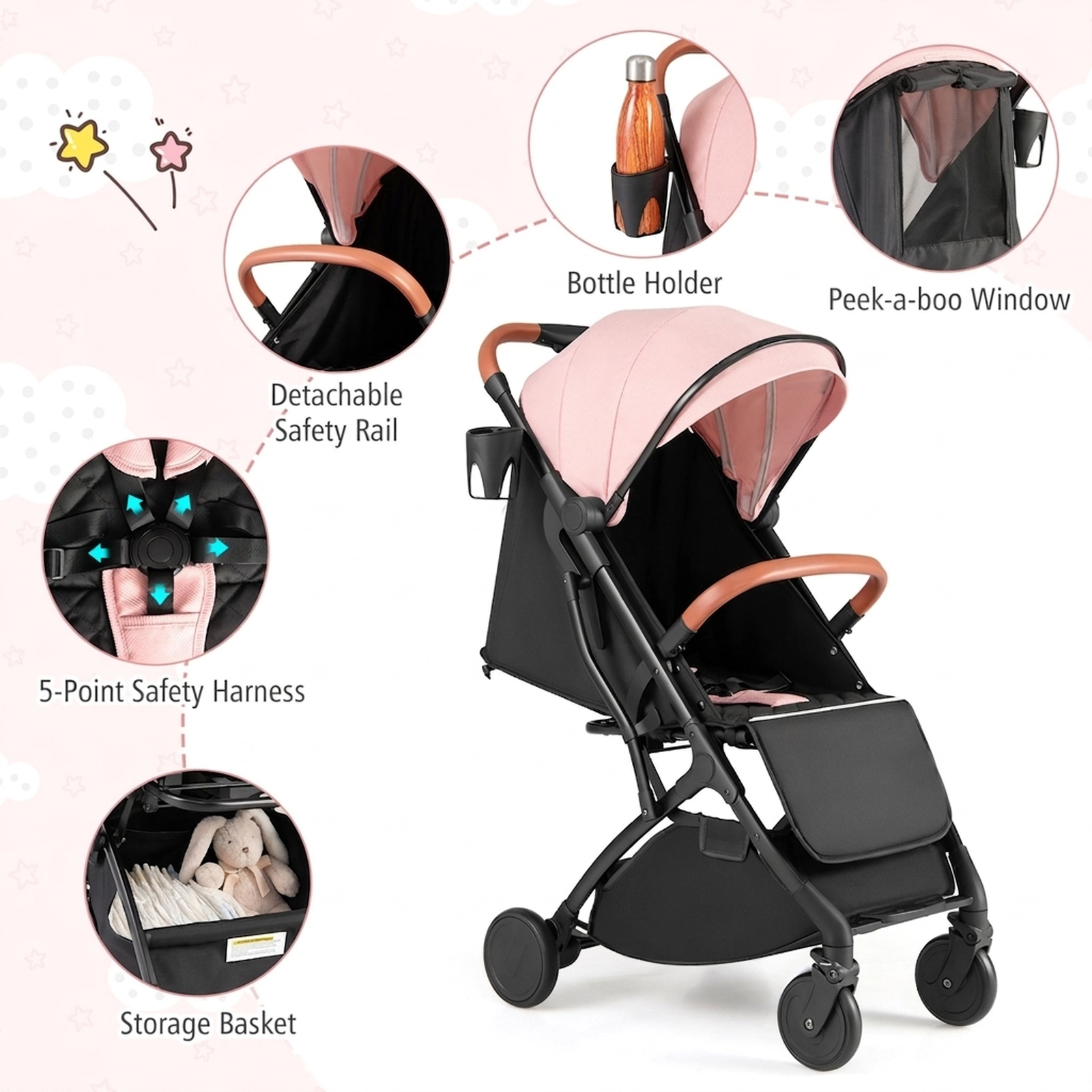 SUGIFT Baby Lightweight Aluminum Compact Travel Stroller One-Hand Fold 33-lb Capacity Ages 0-3 20 x 12 x 26-in Pink