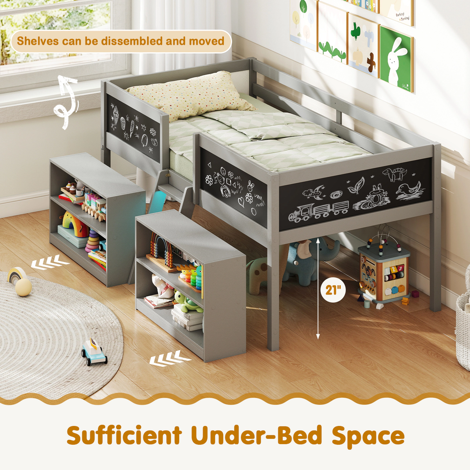 Costway Low Loft Bed Twin Wooden Frame Kid's Cabin w/ Bookcases White