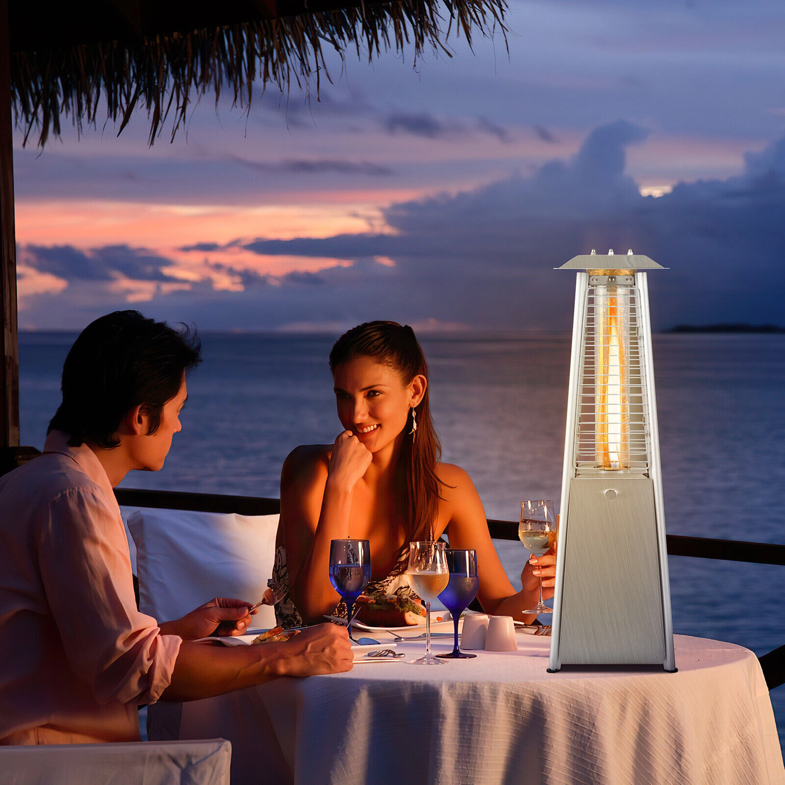 SUGIFT Silver Stainless Steel Tabletop Propane Patio Heater with Glass Tube 9500-BTU 10-in W 10-in D 35-in H