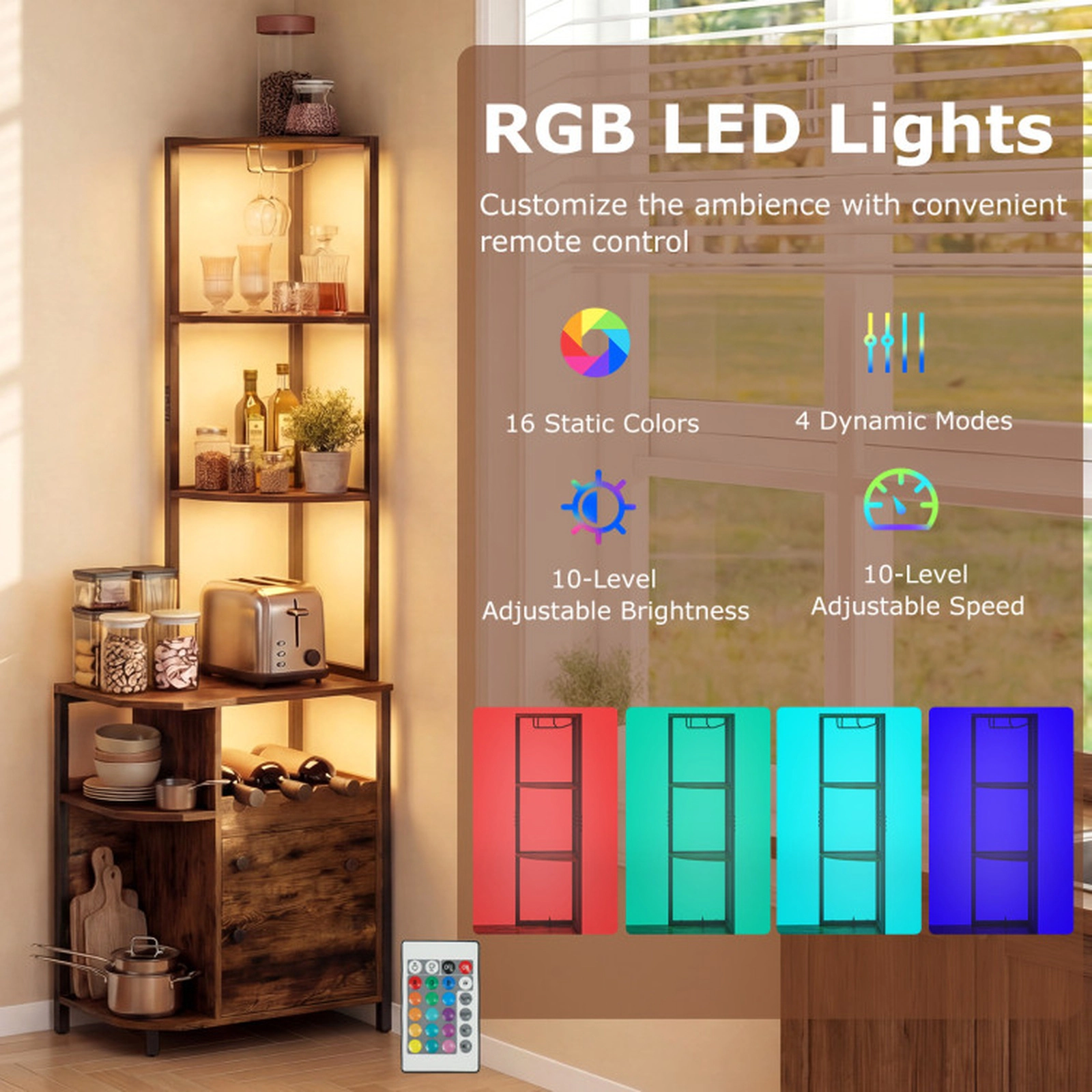 SUGIFT 6-Tier 61.5-in Rustic Brown Corner Bar Cabinet with RGB LED Lights Charging Station and 3-Bottle Wine Rack