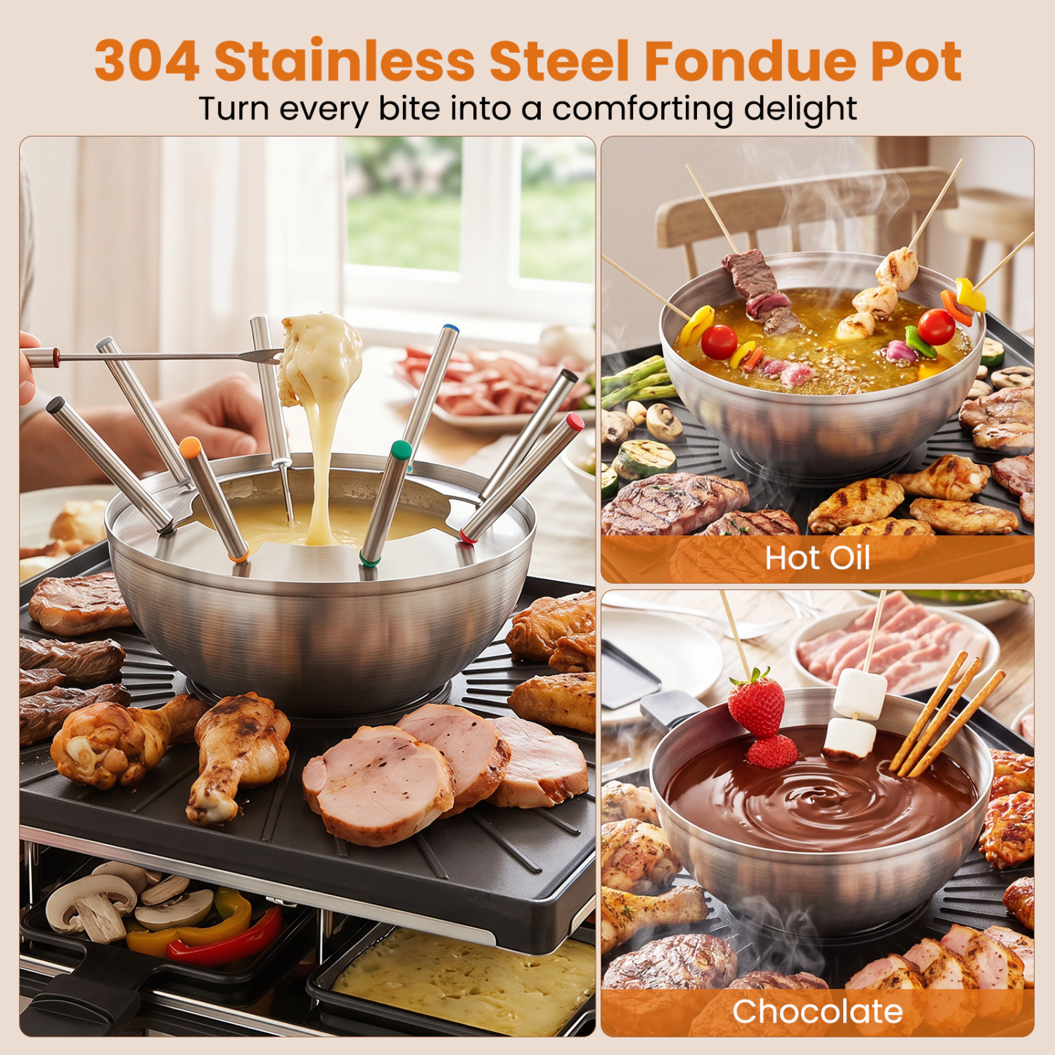 LJG BBQ Grill with Fondue Pot Set and Adjustable Thermostats for 8 People
