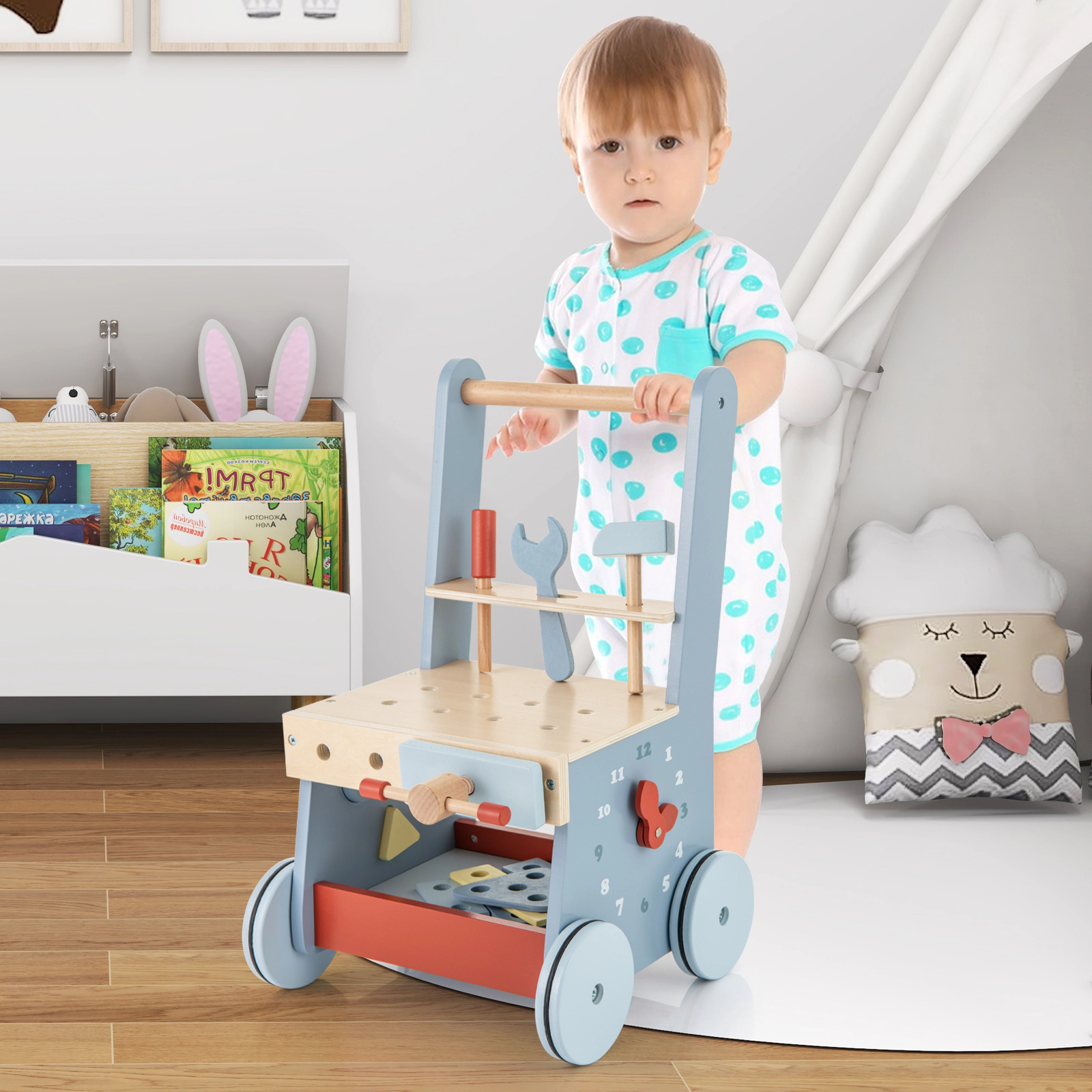 SUGIFT 2-in-1 Wooden Baby Push Walker and Kids Work Bench 18.5-in Tall Ages 3+ Blue