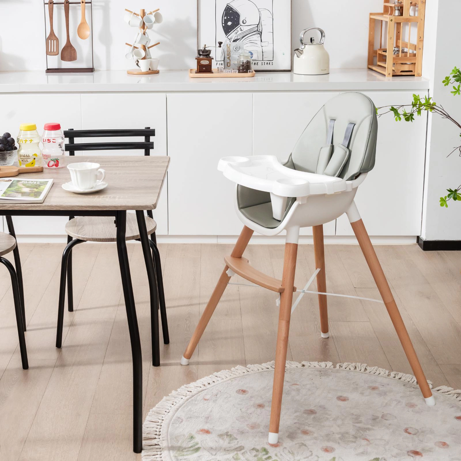 SUGIFT Beech Wood Baby High Chair 4-Level Dishwasher Safe Tray 33-lb Capacity Ages 6-36 Months 26-in Wide Beige/Gray