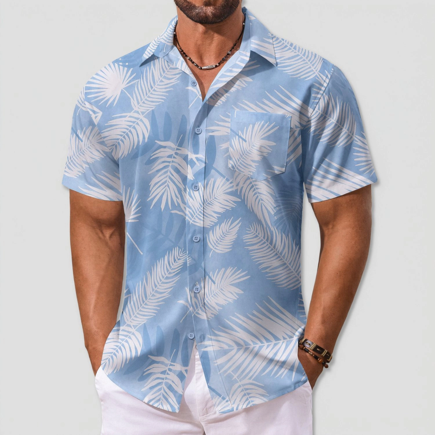 COOFANDY Mens Short Sleeve Hawaiian Shirt Palm Leaf Print Button Up Casual Tops